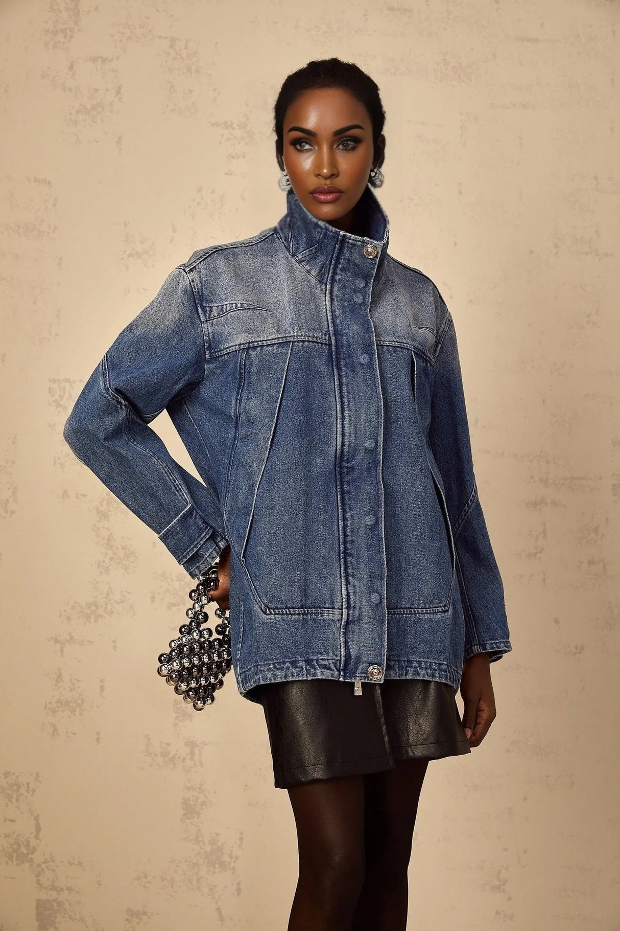 Alessandrina Denim Jacket Blue Patchwork Loose - Fit & Whiskering