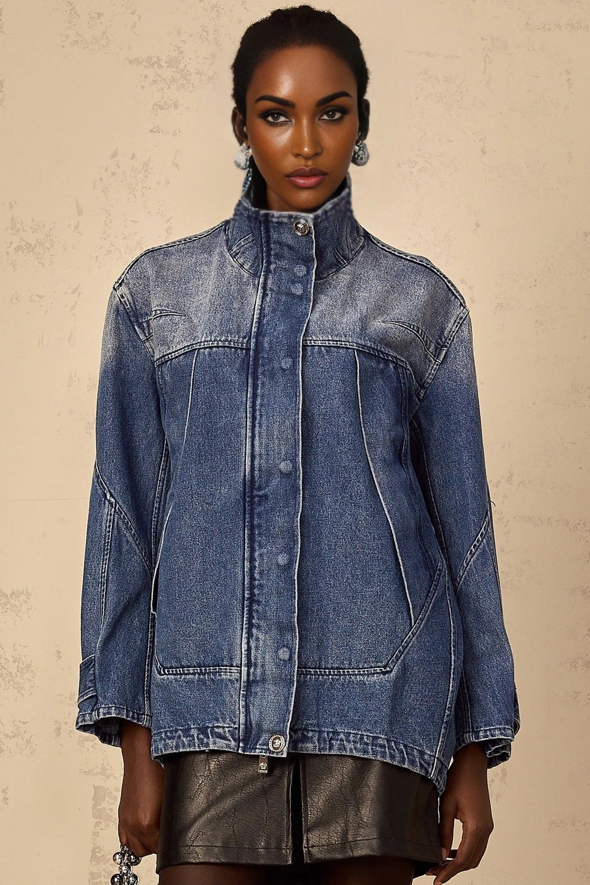 Alessandrina Denim Jacket Blue Patchwork Loose - Fit & Whiskering