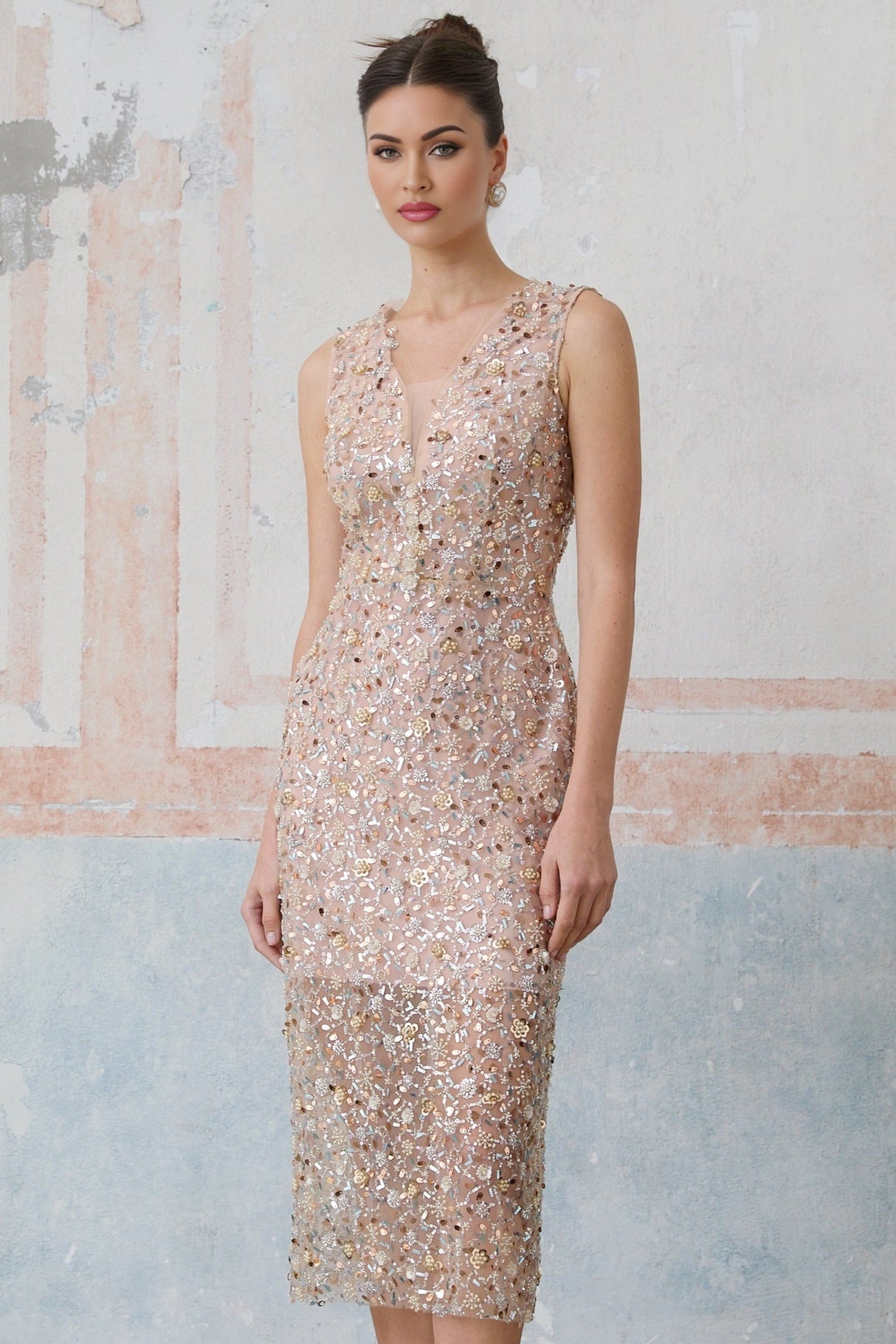 Alessia Midi Dress - V - neck Design - Sequin & Bead Embellishments - Fitted Silhouette - Elegant Flower Motif