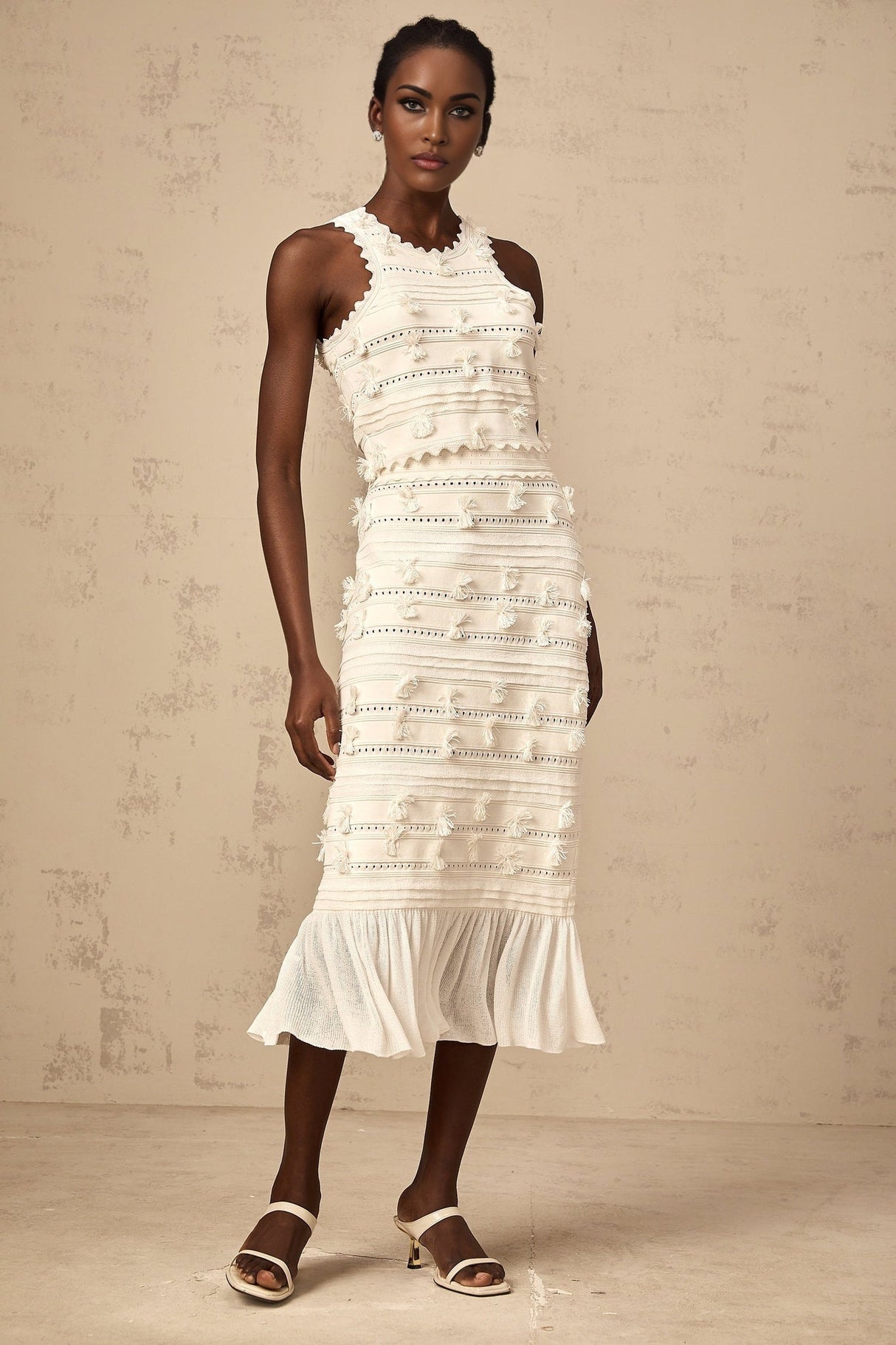 Alessia Skirt & Top Set - Sleeveless Open Back Top - Ruffled Hem - Fitted Pleated Skirt - Knitted Construction
