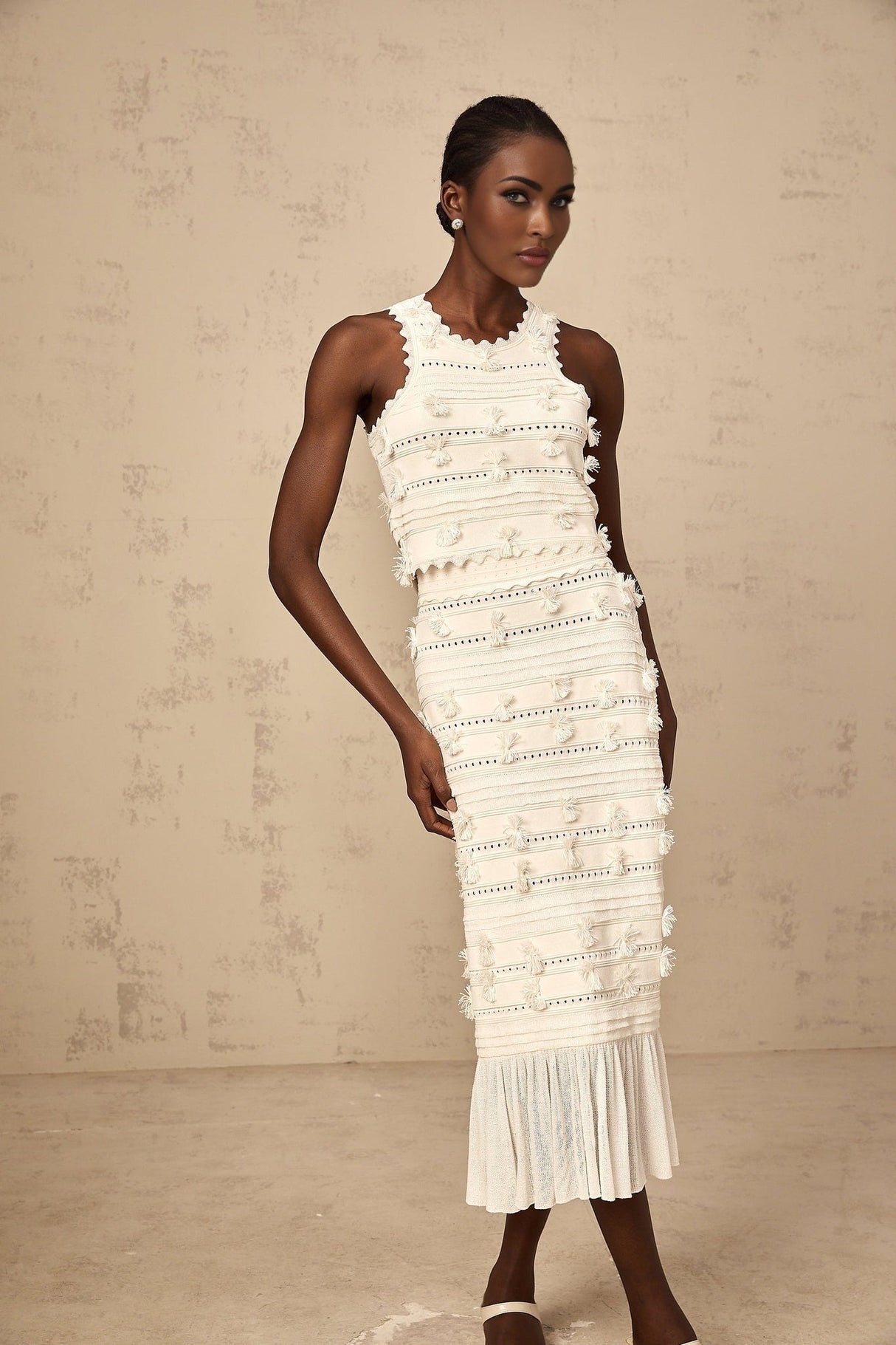 Alessia Skirt & Top Set - Sleeveless Open Back Top - Ruffled Hem - Fitted Pleated Skirt - Knitted Construction