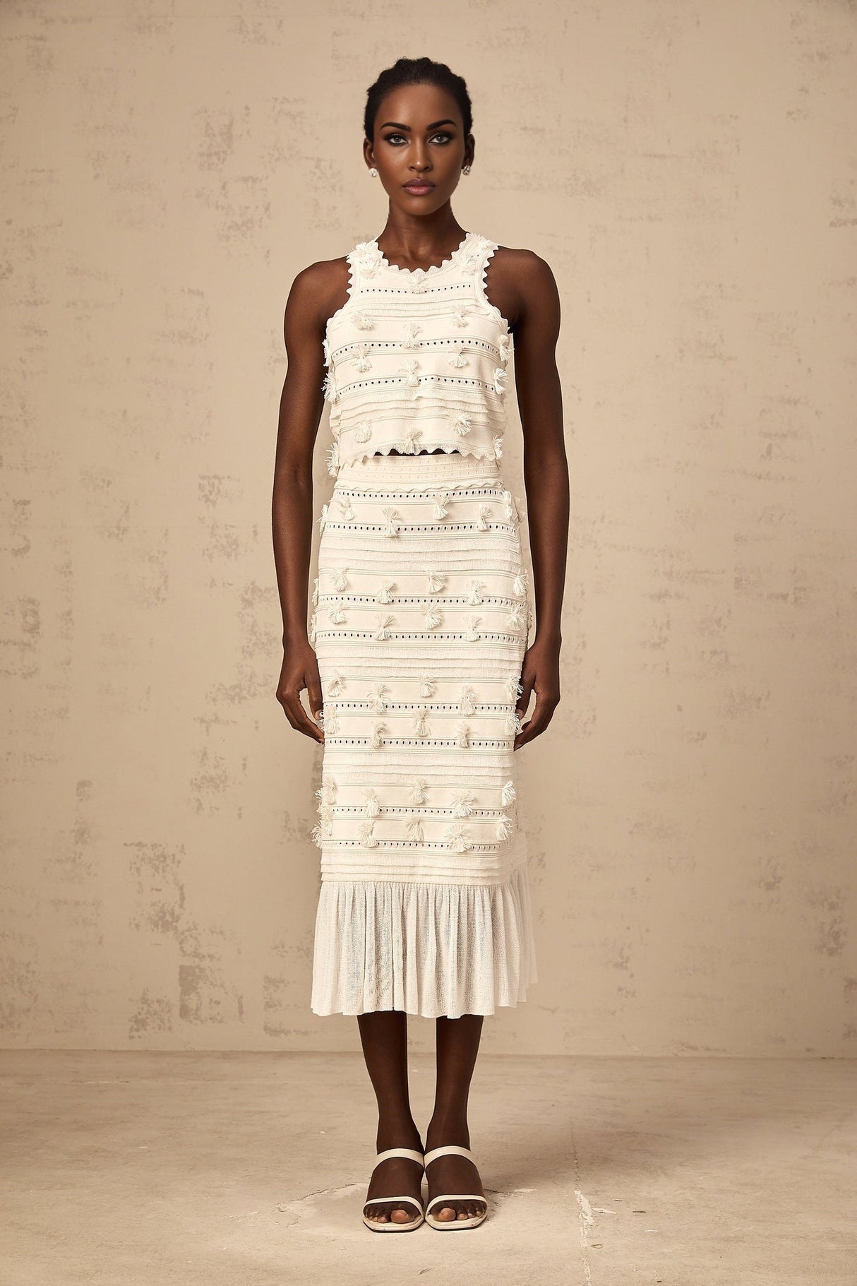 Alessia Skirt & Top Set - Sleeveless Open Back Top - Ruffled Hem - Fitted Pleated Skirt - Knitted Construction