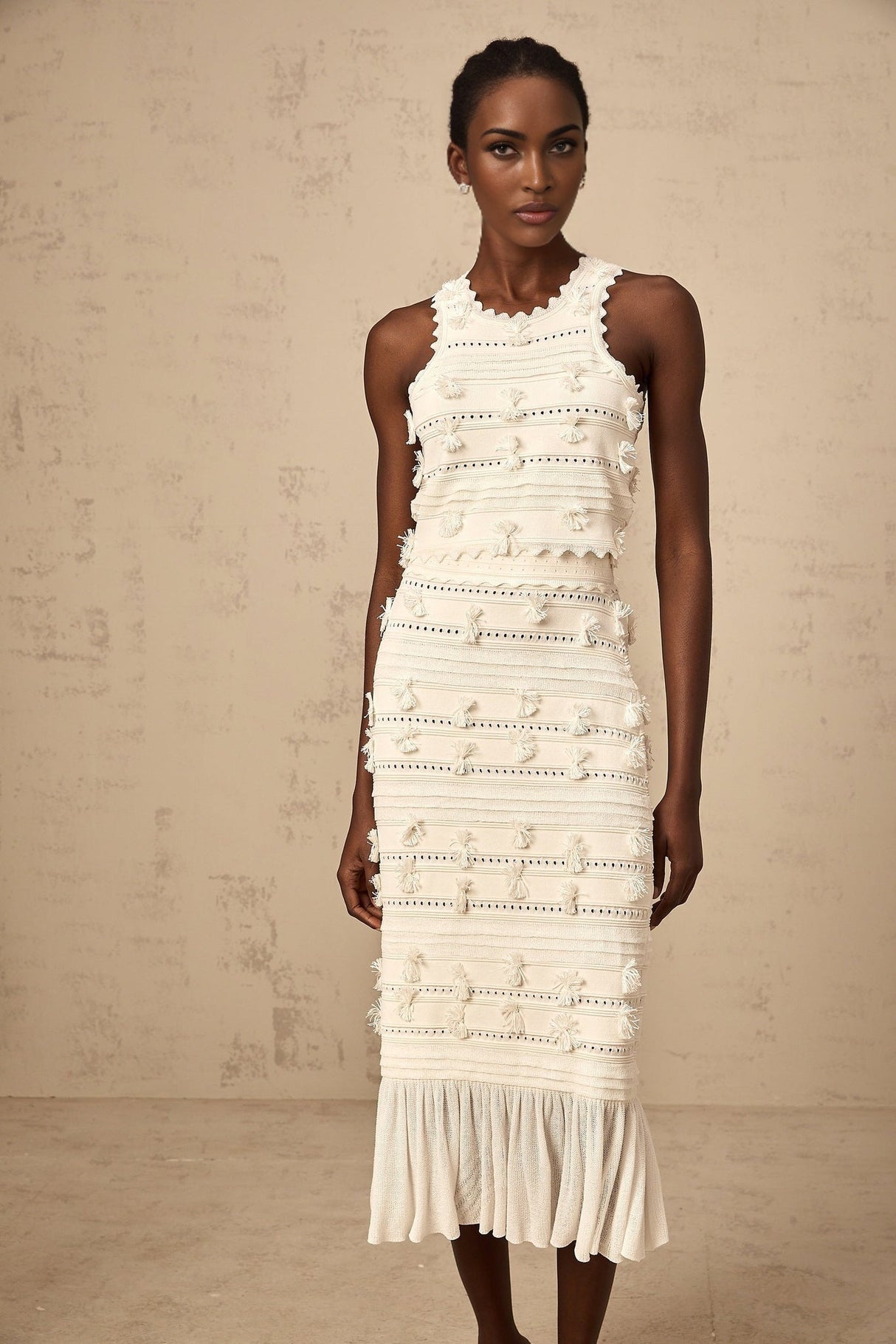 Alessia Skirt & Top Set - Sleeveless Open Back Top - Ruffled Hem - Fitted Pleated Skirt - Knitted Construction