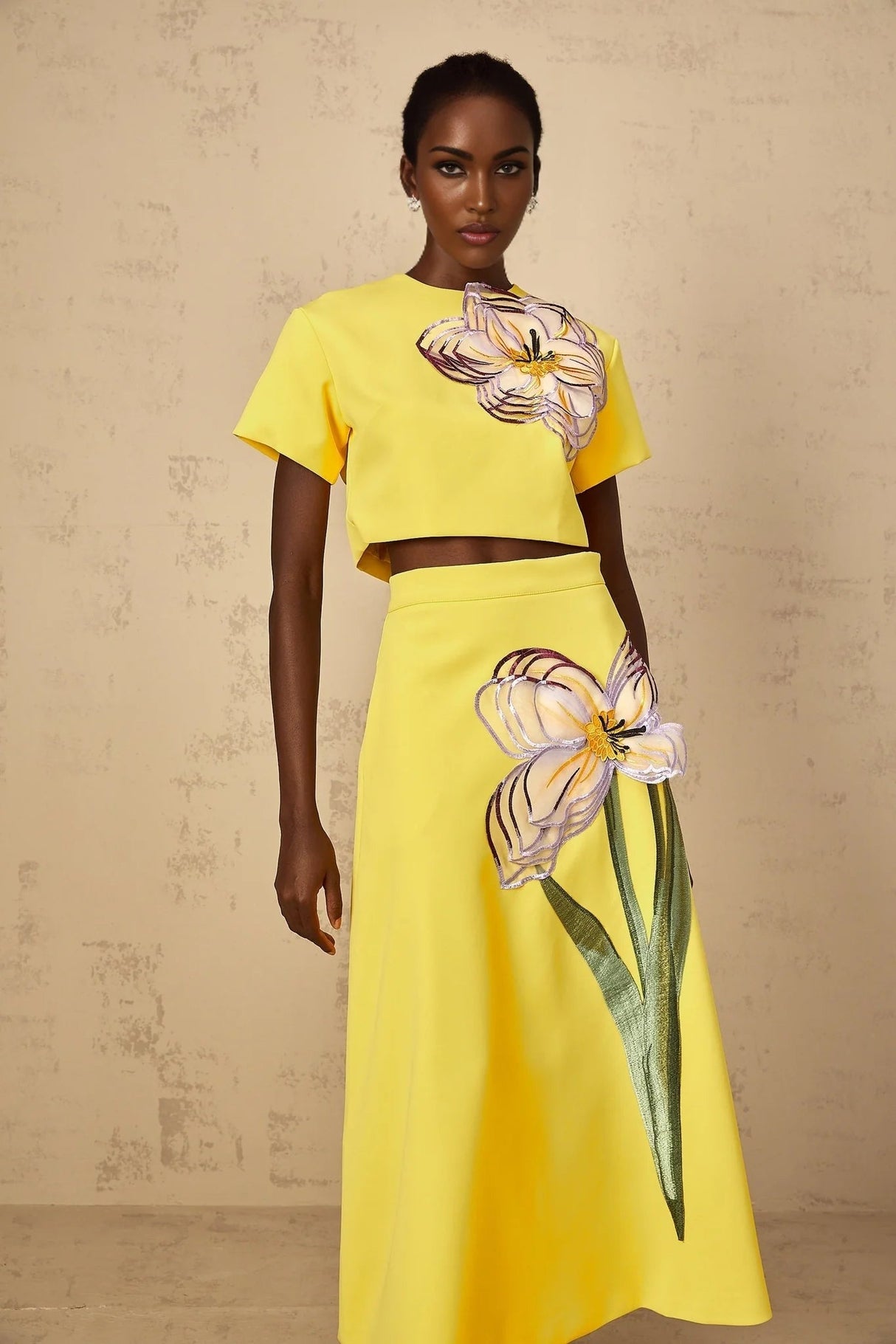 Alexa Floral Appliqué Top & Skirt Set in Yellow