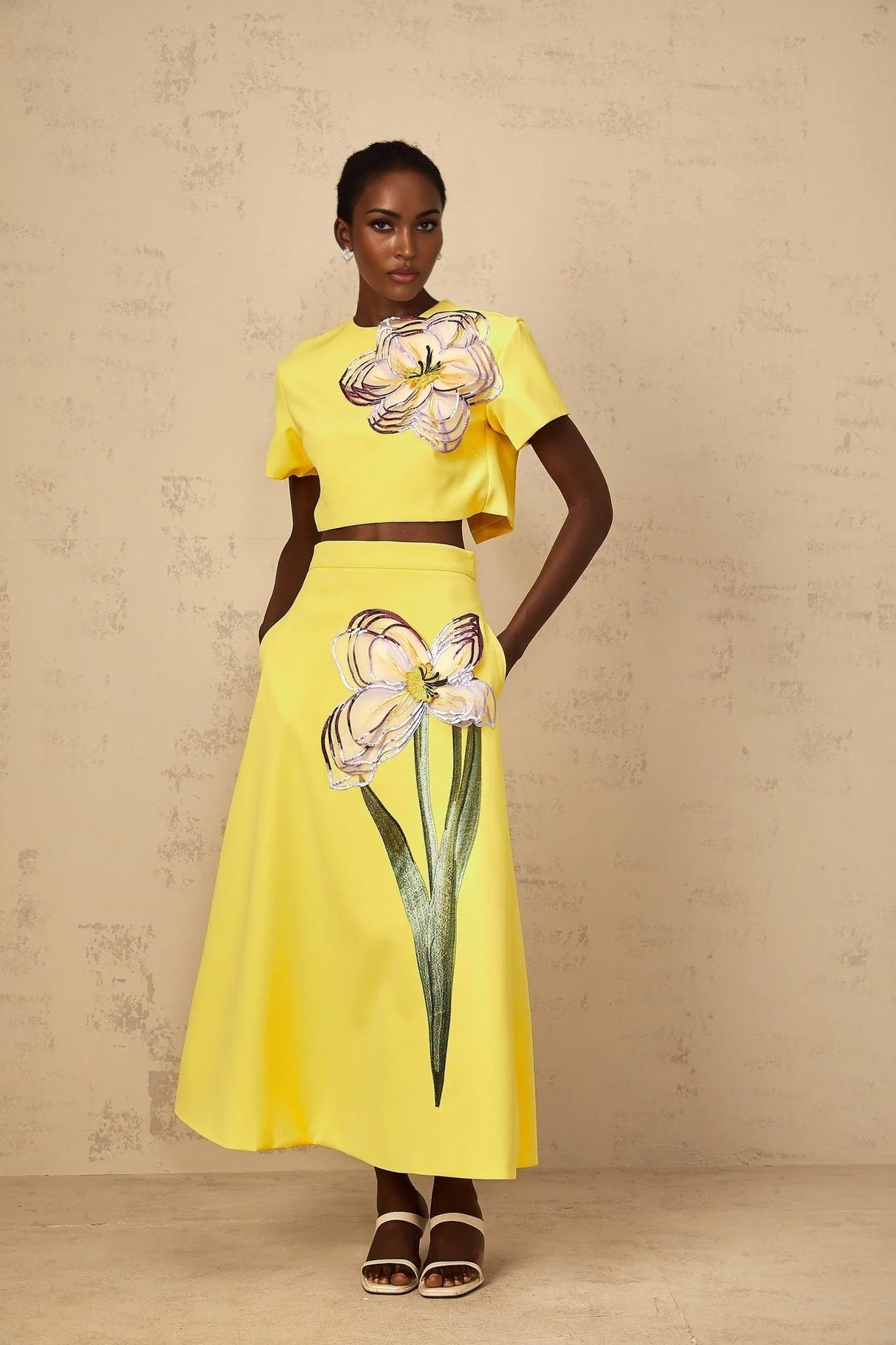 Alexa Floral Appliqué Top & Skirt Set in Yellow