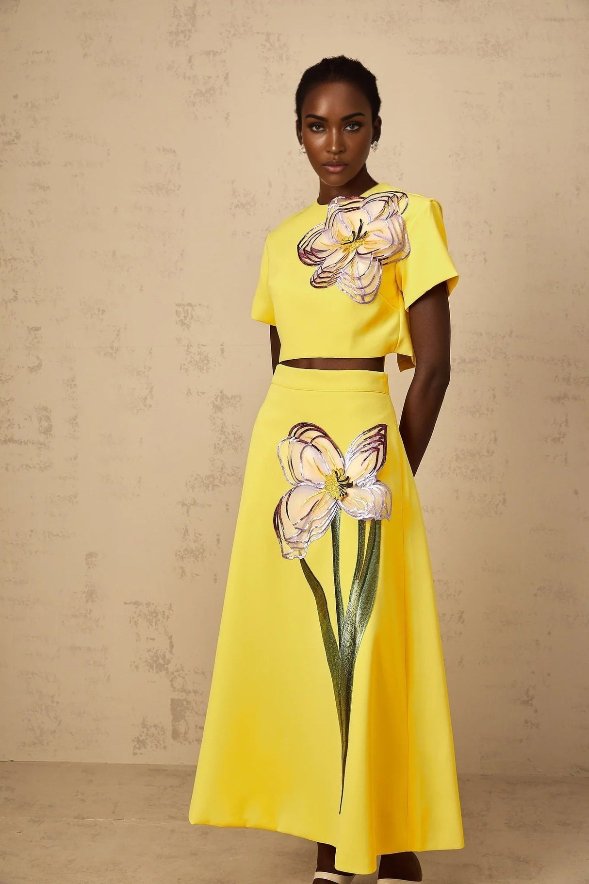 Alexa Floral Appliqué Top & Skirt Set in Yellow