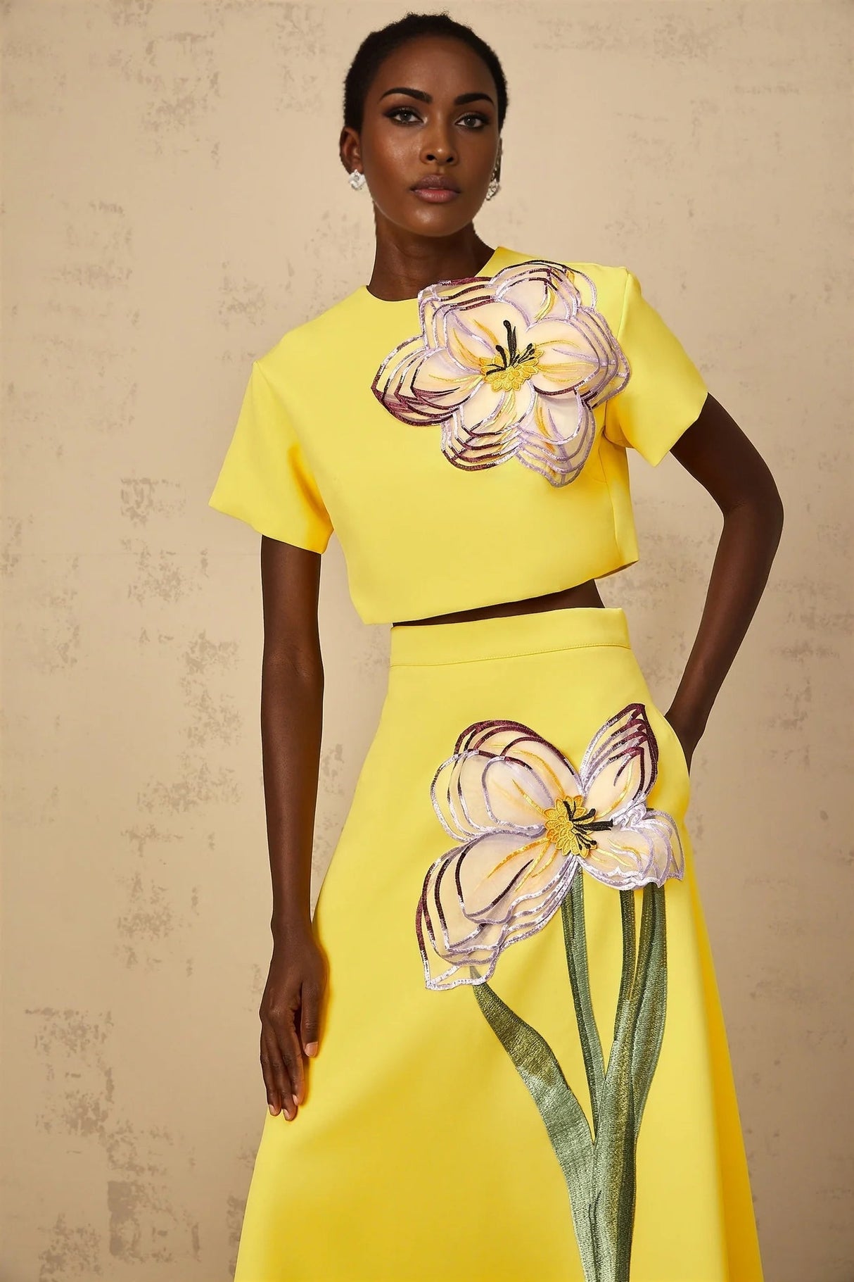 Alexa Floral Appliqué Top & Skirt Set in Yellow