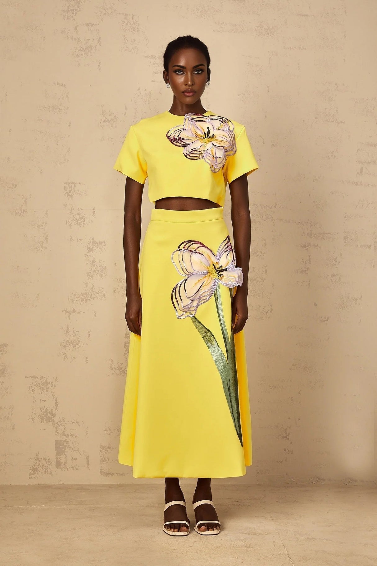 Alexa Floral Appliqué Top & Skirt Set in Yellow