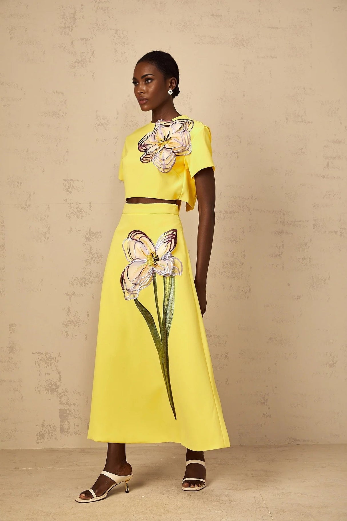 Alexa Floral Appliqué Top & Skirt Set in Yellow