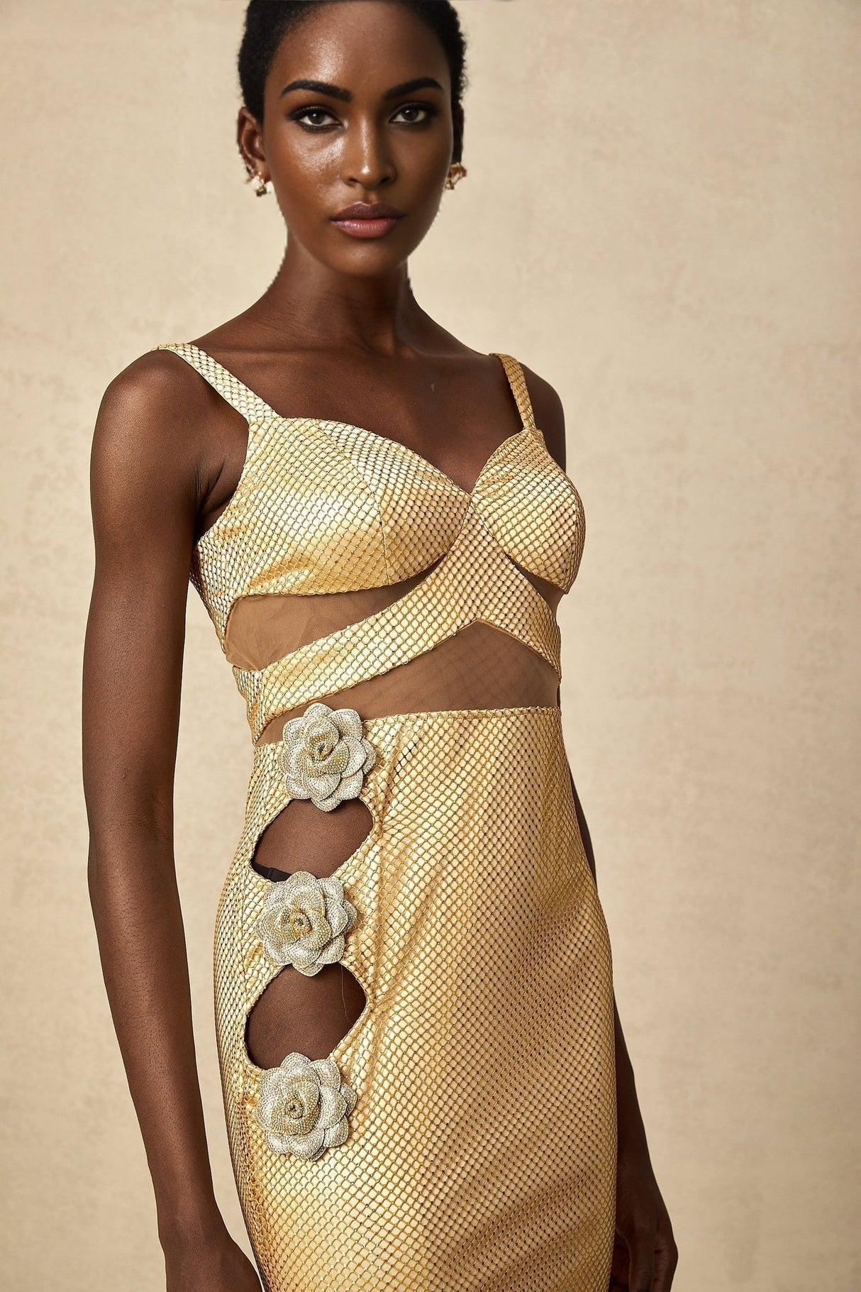 Alexa Maxi Dress - Sleeveless with Spaghetti Straps - Bustier Style with Cut - Out Design - Crystal and Faux - Flower Embellishment - Rear Zip and Mermaid Hem