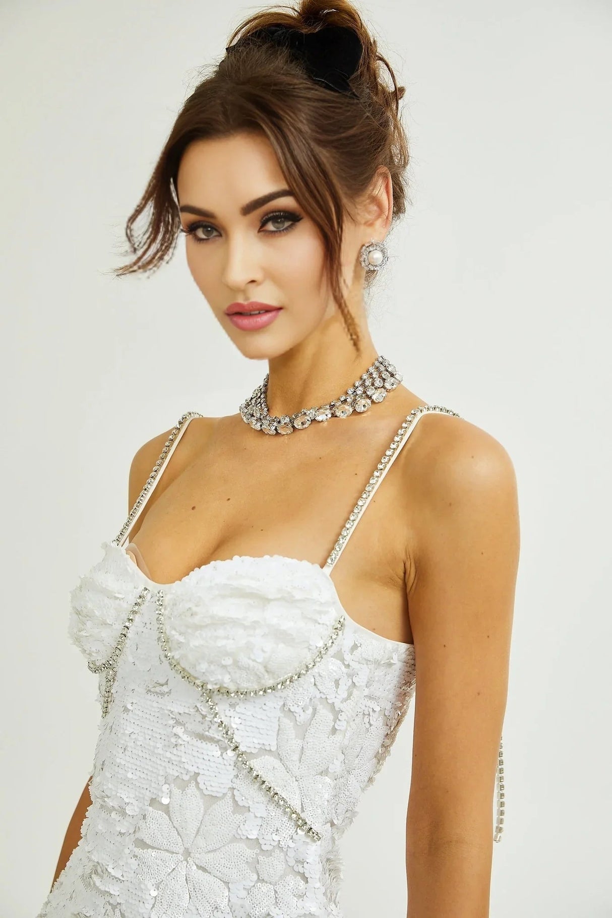 Alexa Mini Dress - Spaghetti Strap Sweetheart Bustier Crystal Sequin Faux - Flower Thigh - Length Zip Detail