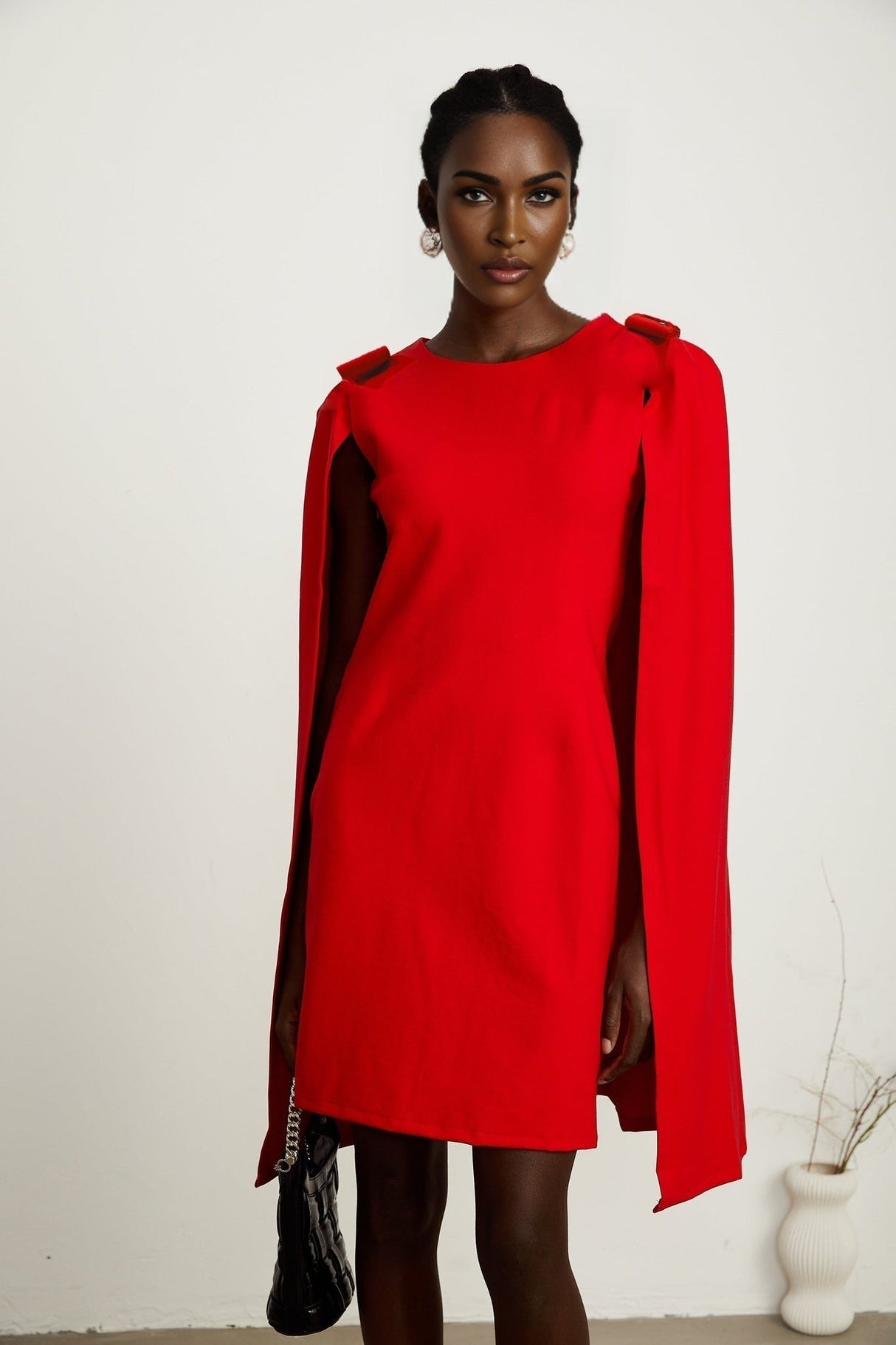 Alexandra Mini Dress - Boat Neckline - Long Sleeves - Cape Design - Bow Detailing
