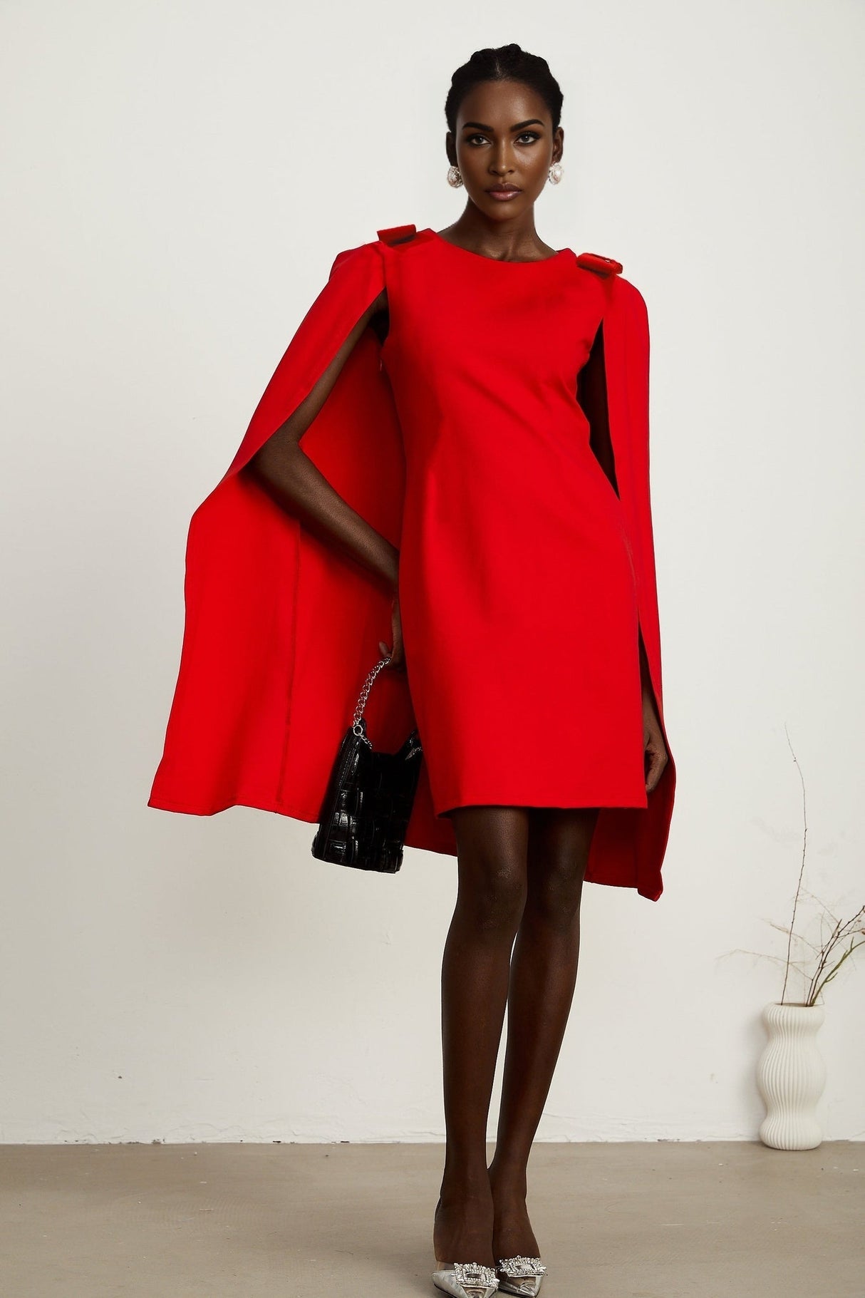 Alexandra Mini Dress - Boat Neckline - Long Sleeves - Cape Design - Bow Detailing