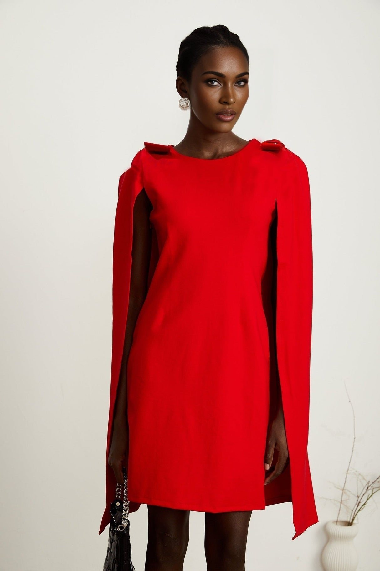 Alexandra Mini Dress - Boat Neckline - Long Sleeves - Cape Design - Bow Detailing