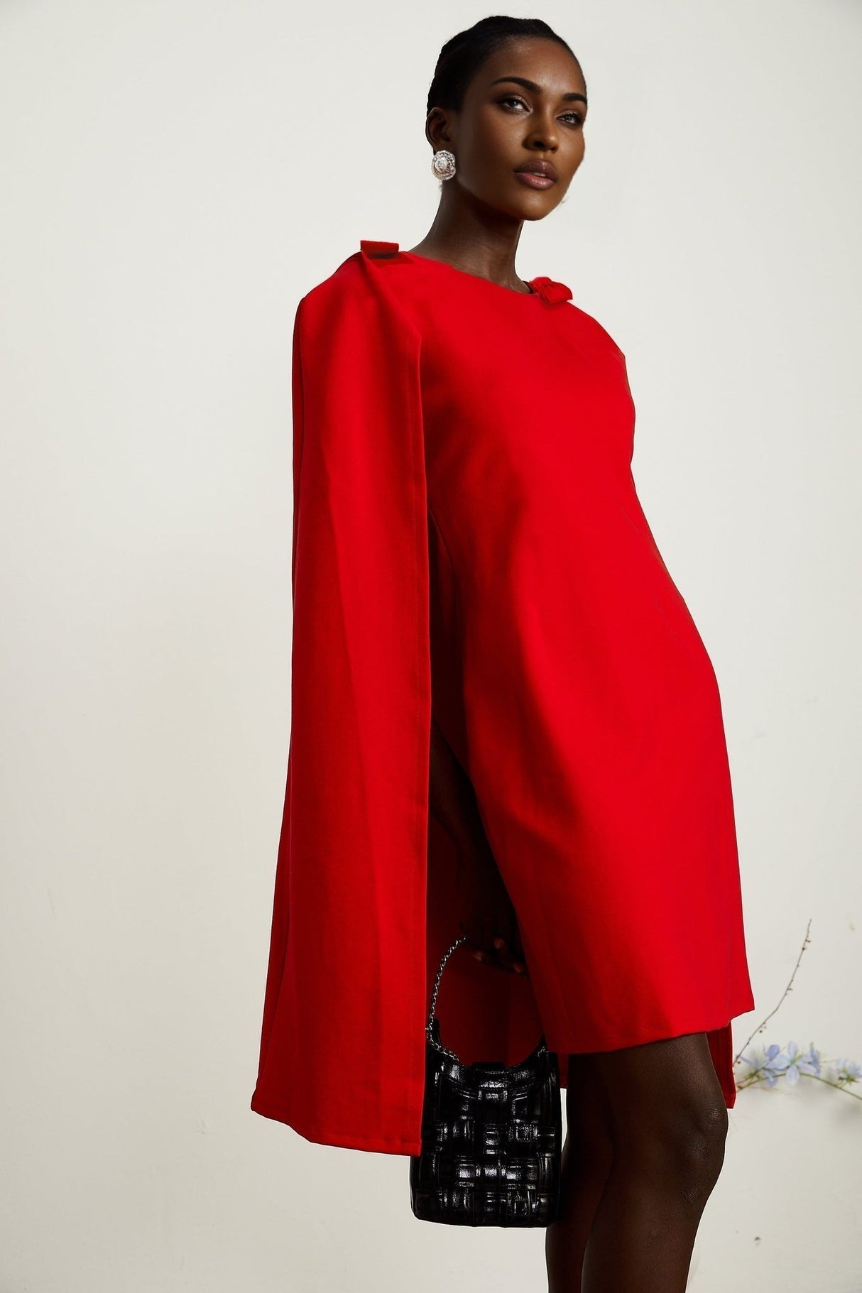 Alexandra Mini Dress - Boat Neckline - Long Sleeves - Cape Design - Bow Detailing