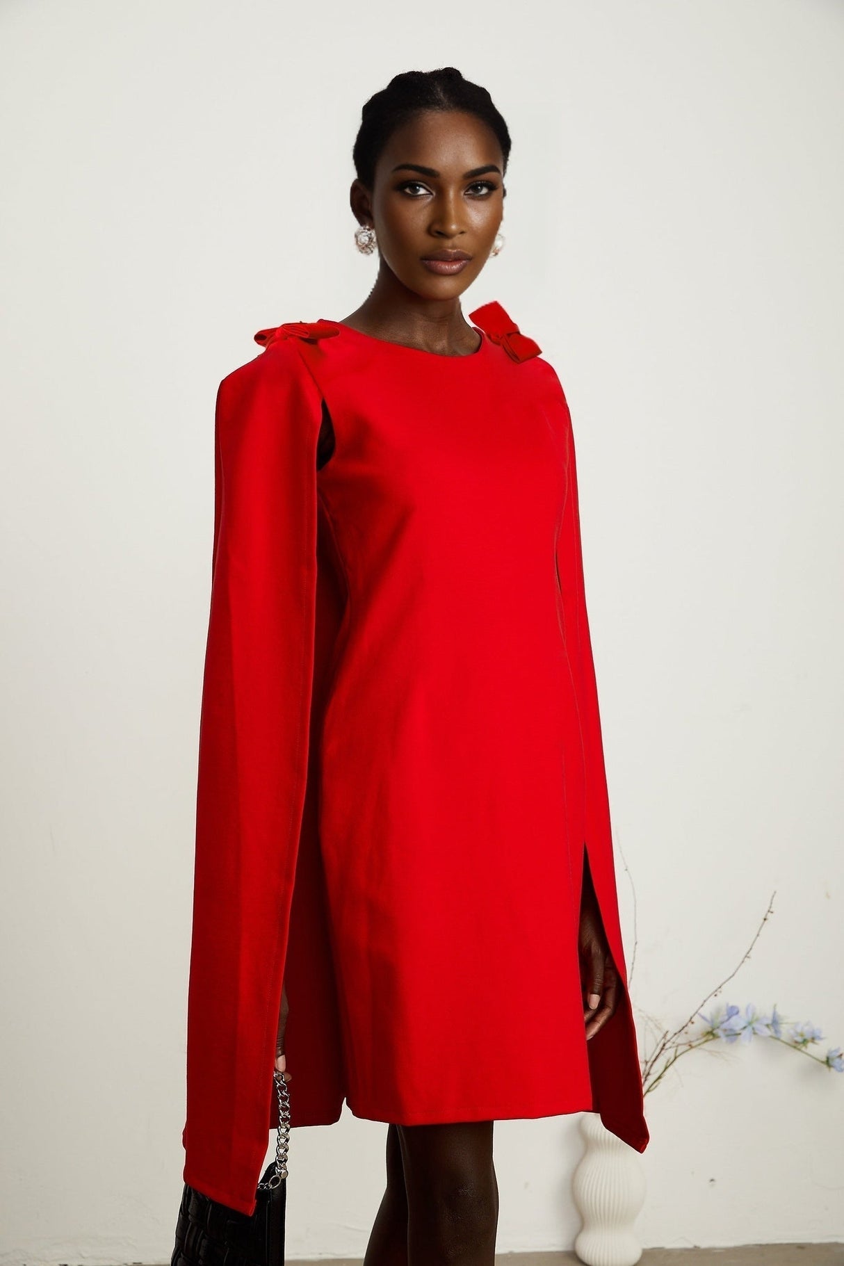Alexandra Mini Dress - Boat Neckline - Long Sleeves - Cape Design - Bow Detailing