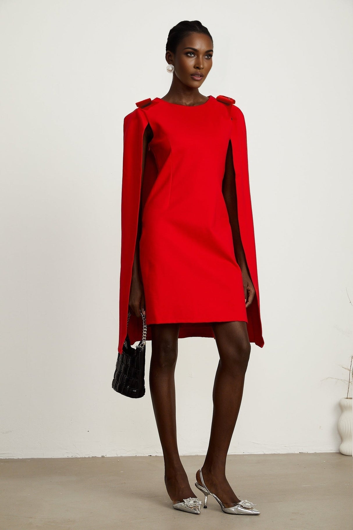 Alexandra Mini Dress - Boat Neckline - Long Sleeves - Cape Design - Bow Detailing