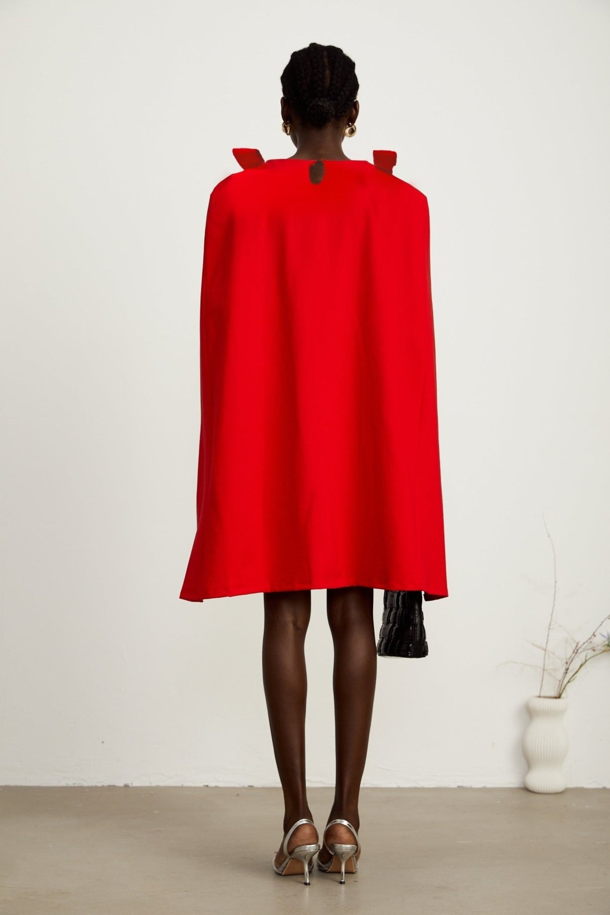 Alexandra Mini Dress - Boat Neckline - Long Sleeves - Cape Design - Bow Detailing