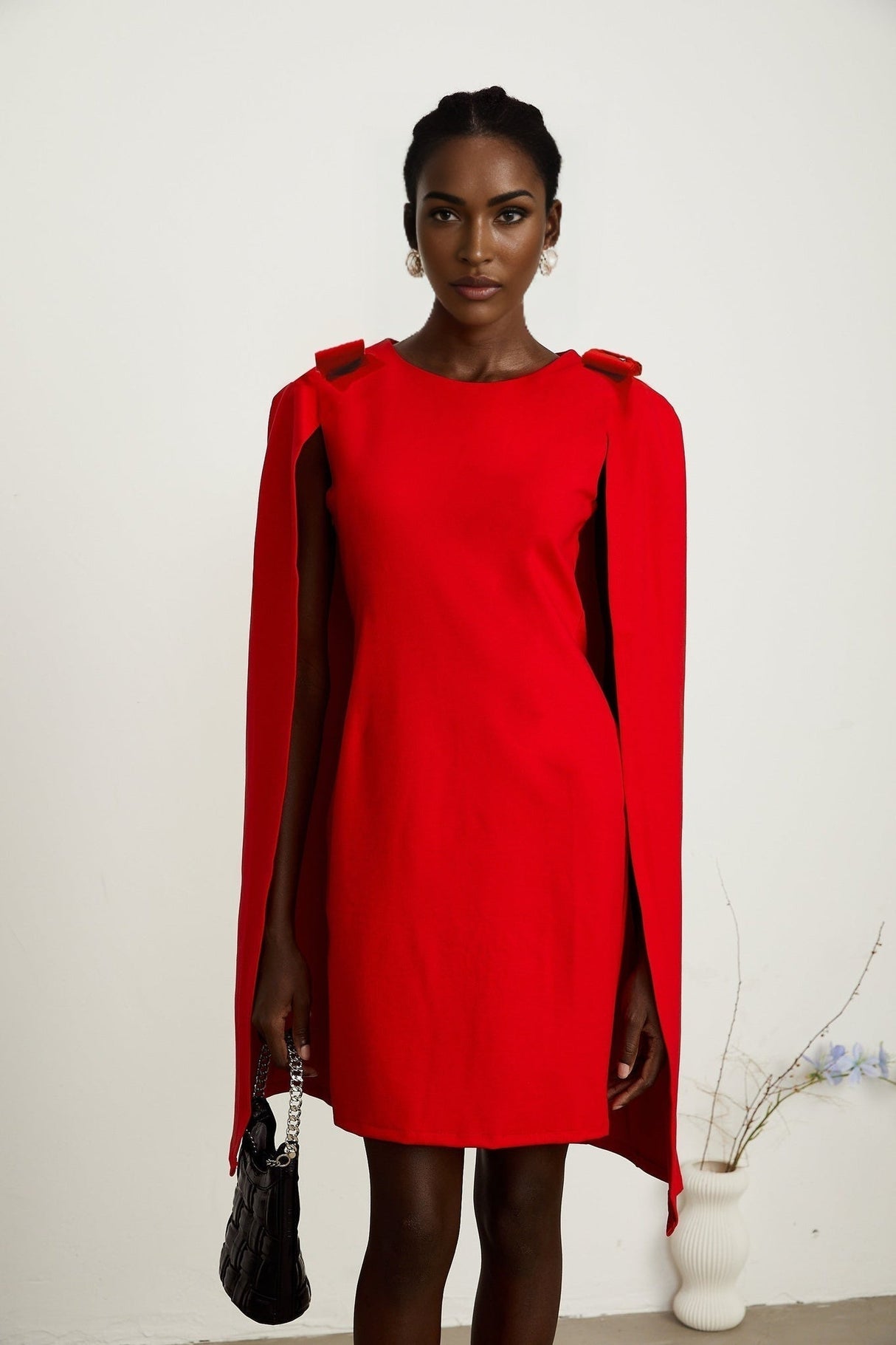 Alexandra Mini Dress - Boat Neckline - Long Sleeves - Cape Design - Bow Detailing