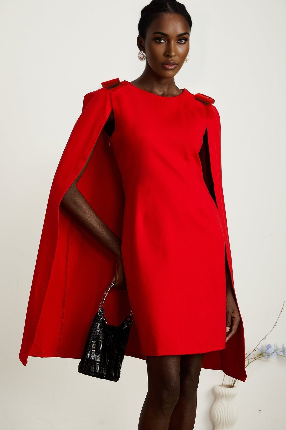 Alexandra Mini Dress - Boat Neckline - Long Sleeves - Cape Design - Bow Detailing