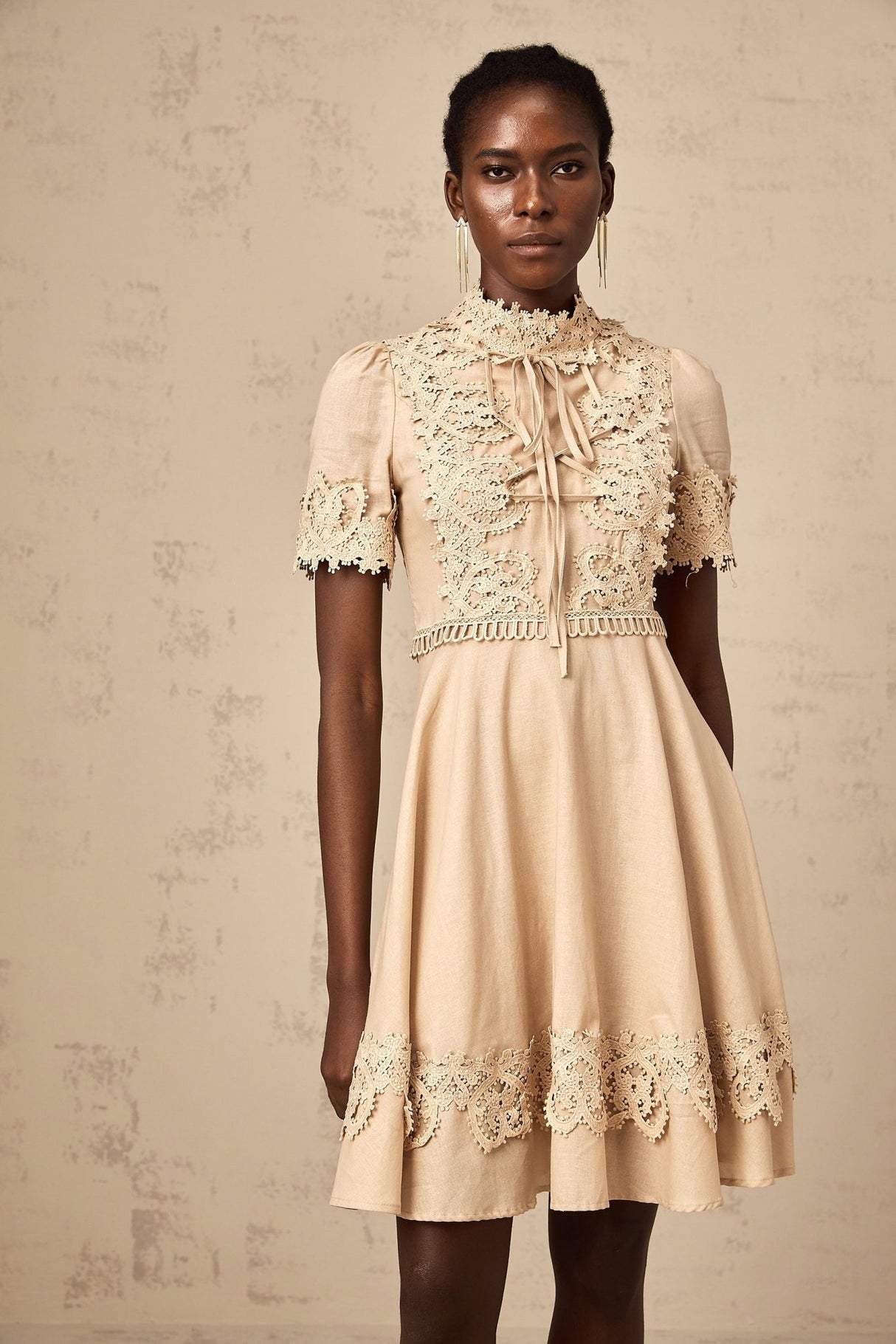 Alexandra Mini Dress - Mock Neck - Corded Lace Detailing - Flared Skirt - Lace - Up Fastening - Button Fastening