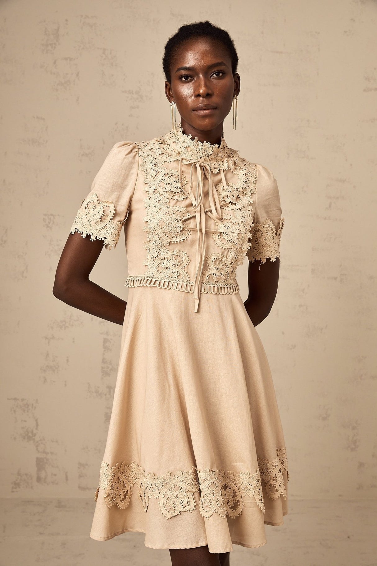 Alexandra Mini Dress - Mock Neck - Corded Lace Detailing - Flared Skirt - Lace - Up Fastening - Button Fastening