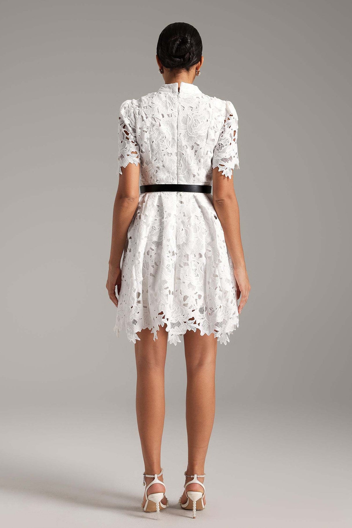 Alexandra White Lace High Neckline Dress with Puffed Sleeves and Cinched Waist