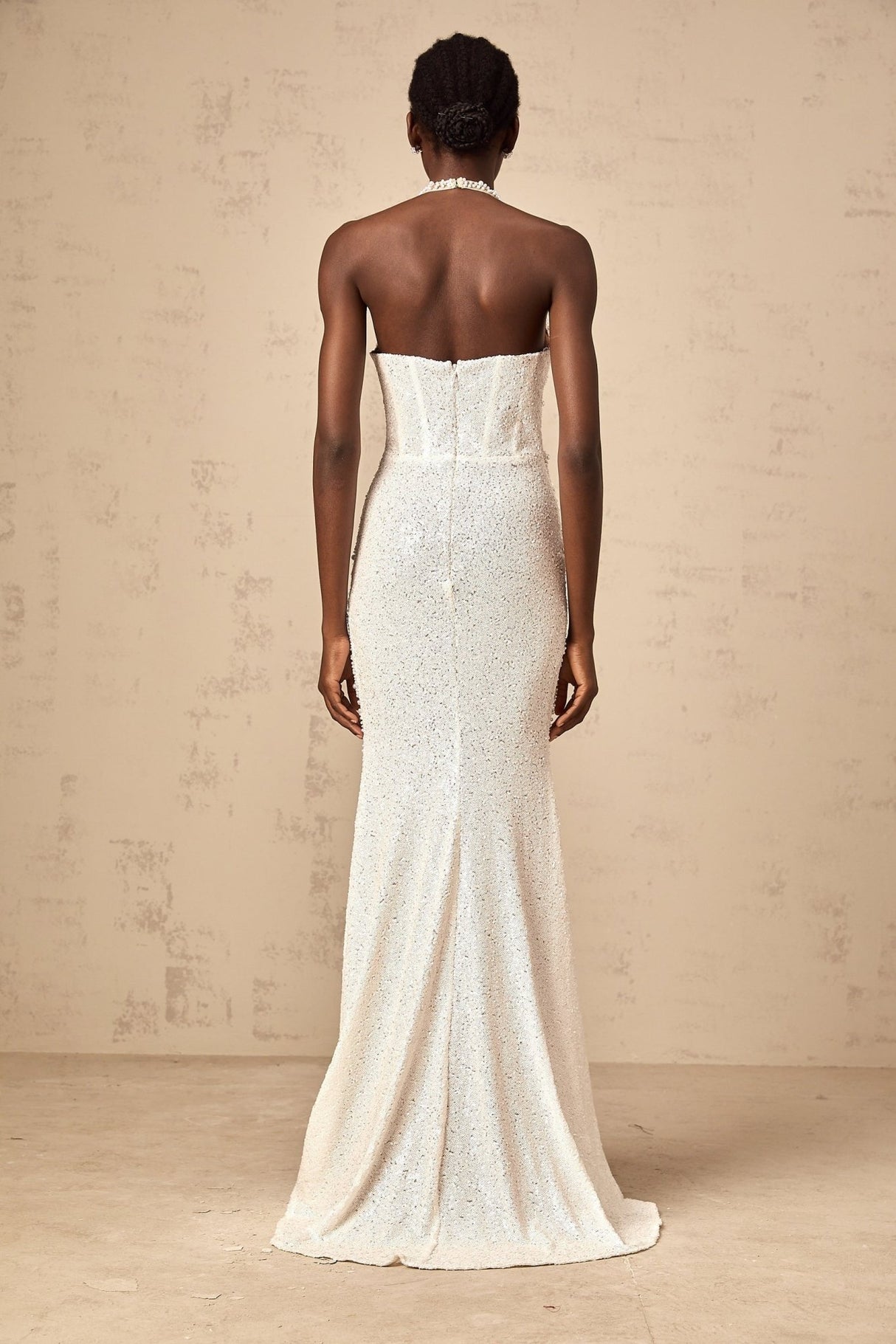 Alexis Maxi Dress - Backless Design - Faux - Pearl Embellishment - Semi - Sheer Tulle - Handmade Sequins & Pearls