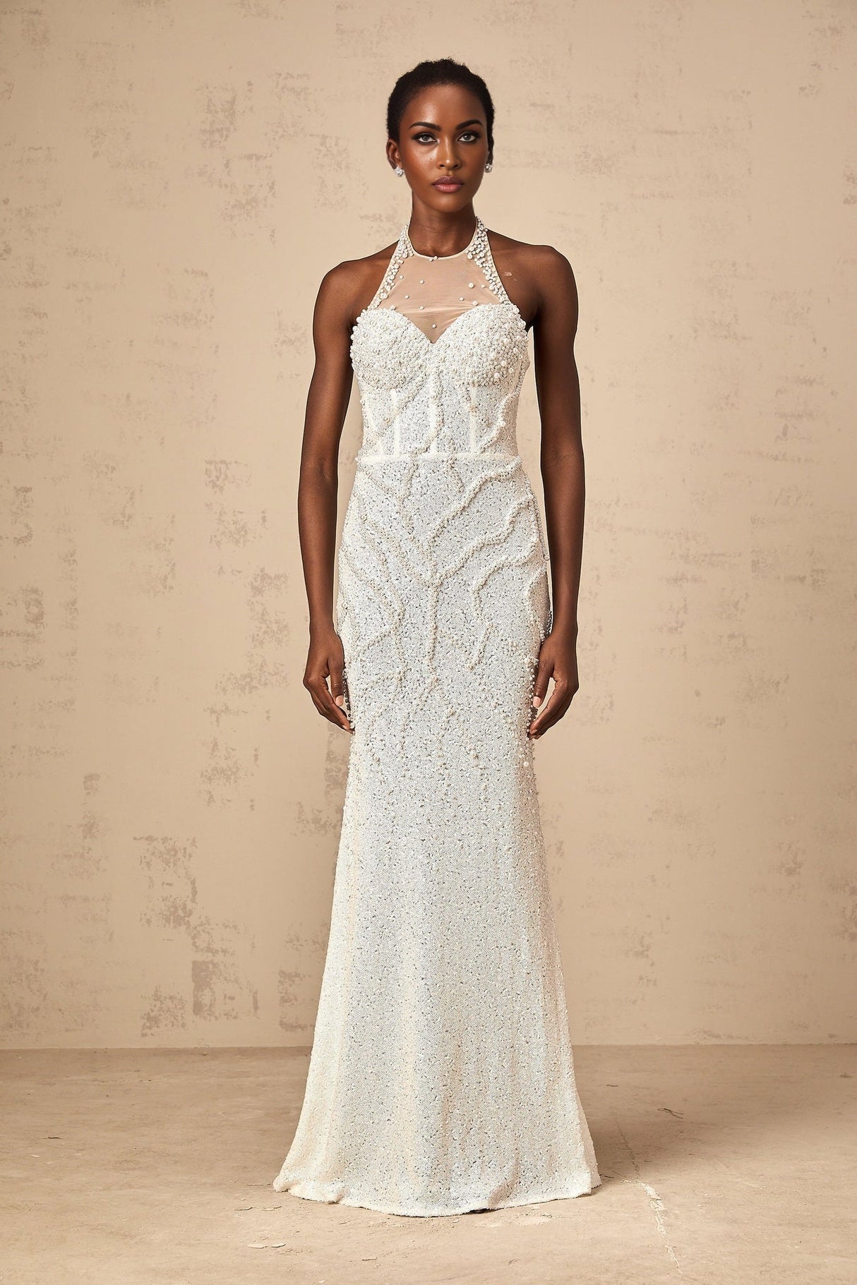 Alexis Maxi Dress - Backless Design - Faux - Pearl Embellishment - Semi - Sheer Tulle - Handmade Sequins & Pearls