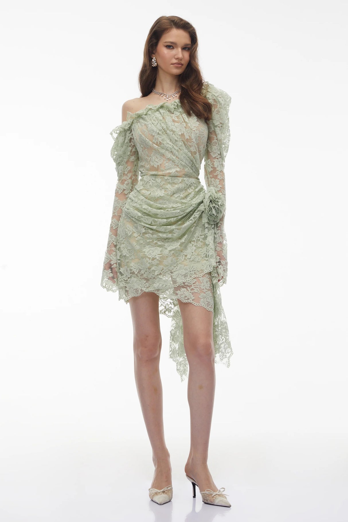 Alexis Sage Green SemiSheer Floral Lace Mini Dress