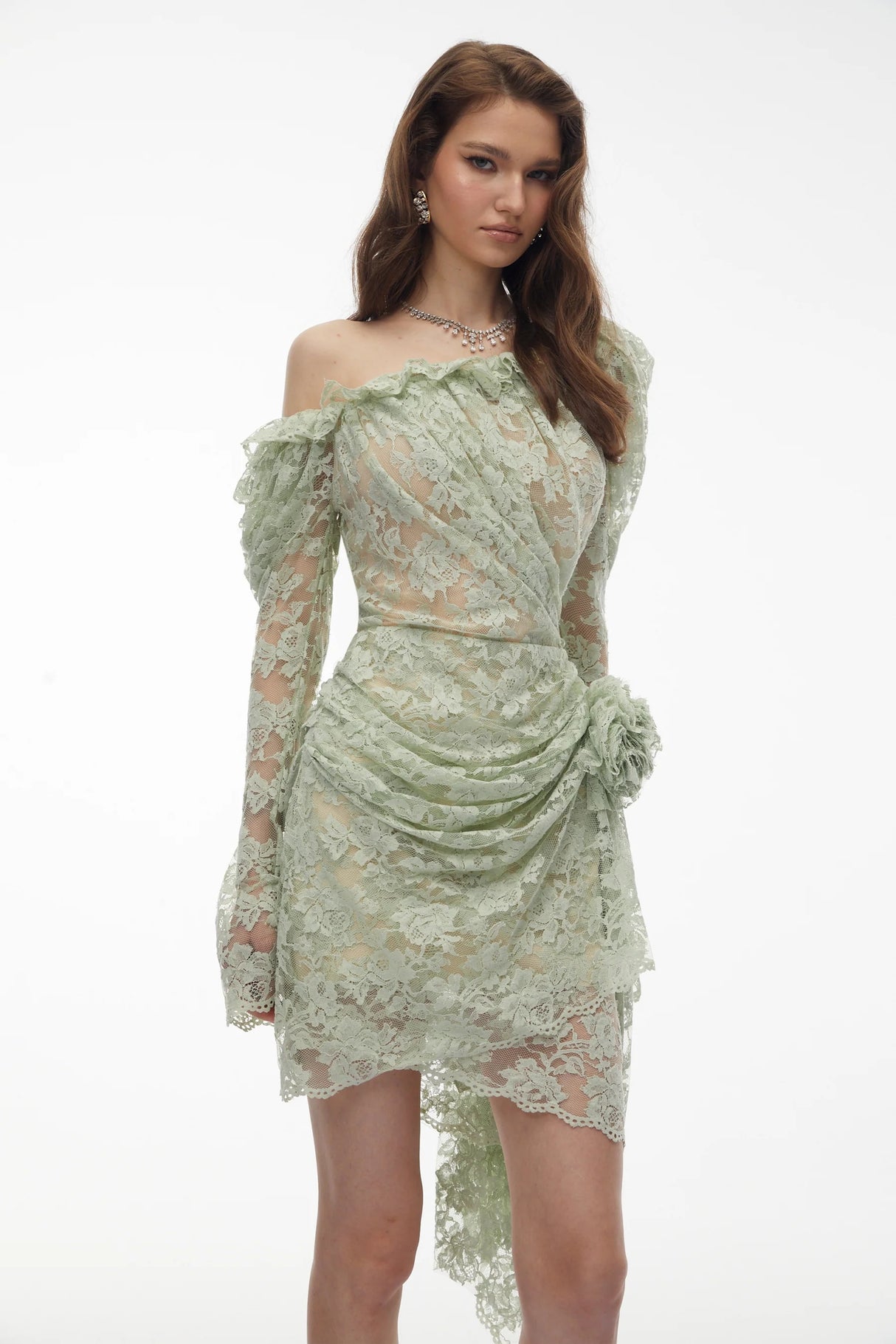 Alexis Sage Green SemiSheer Floral Lace Mini Dress