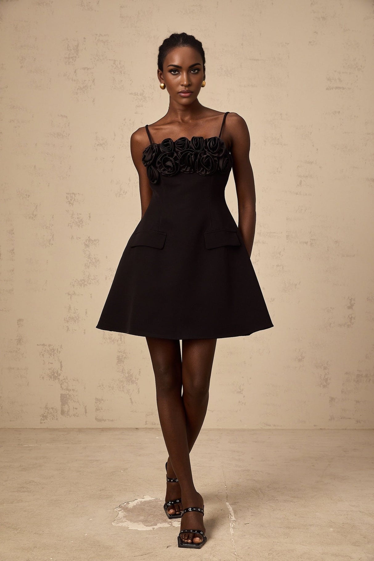 Alfreda Floral Appliqué Mini Dress - Spaghetti Straps - Cinched Waist - Flared Skirt - Rear Zip Fastening