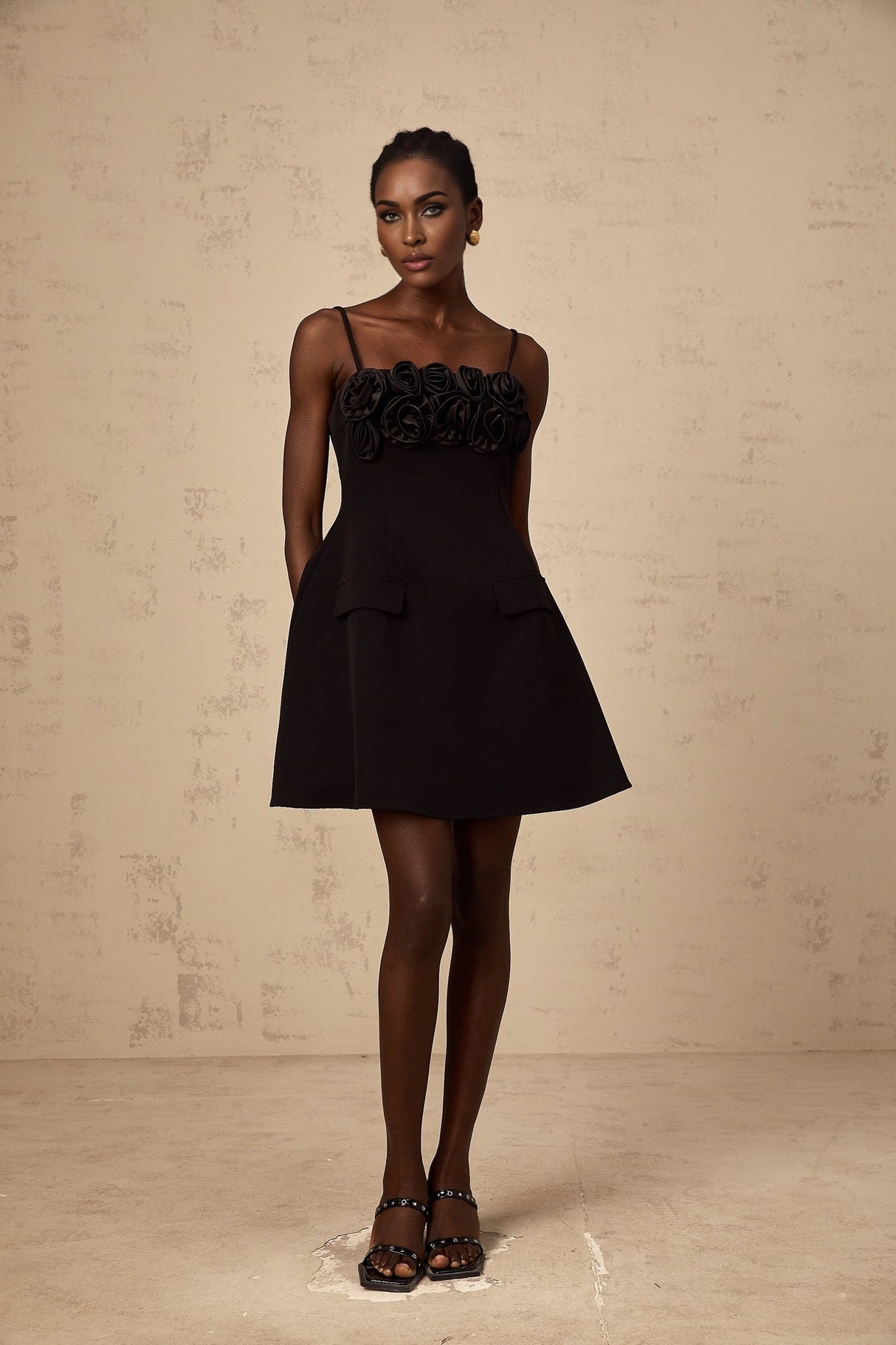 Alfreda Floral Appliqué Mini Dress - Spaghetti Straps - Cinched Waist - Flared Skirt - Rear Zip Fastening