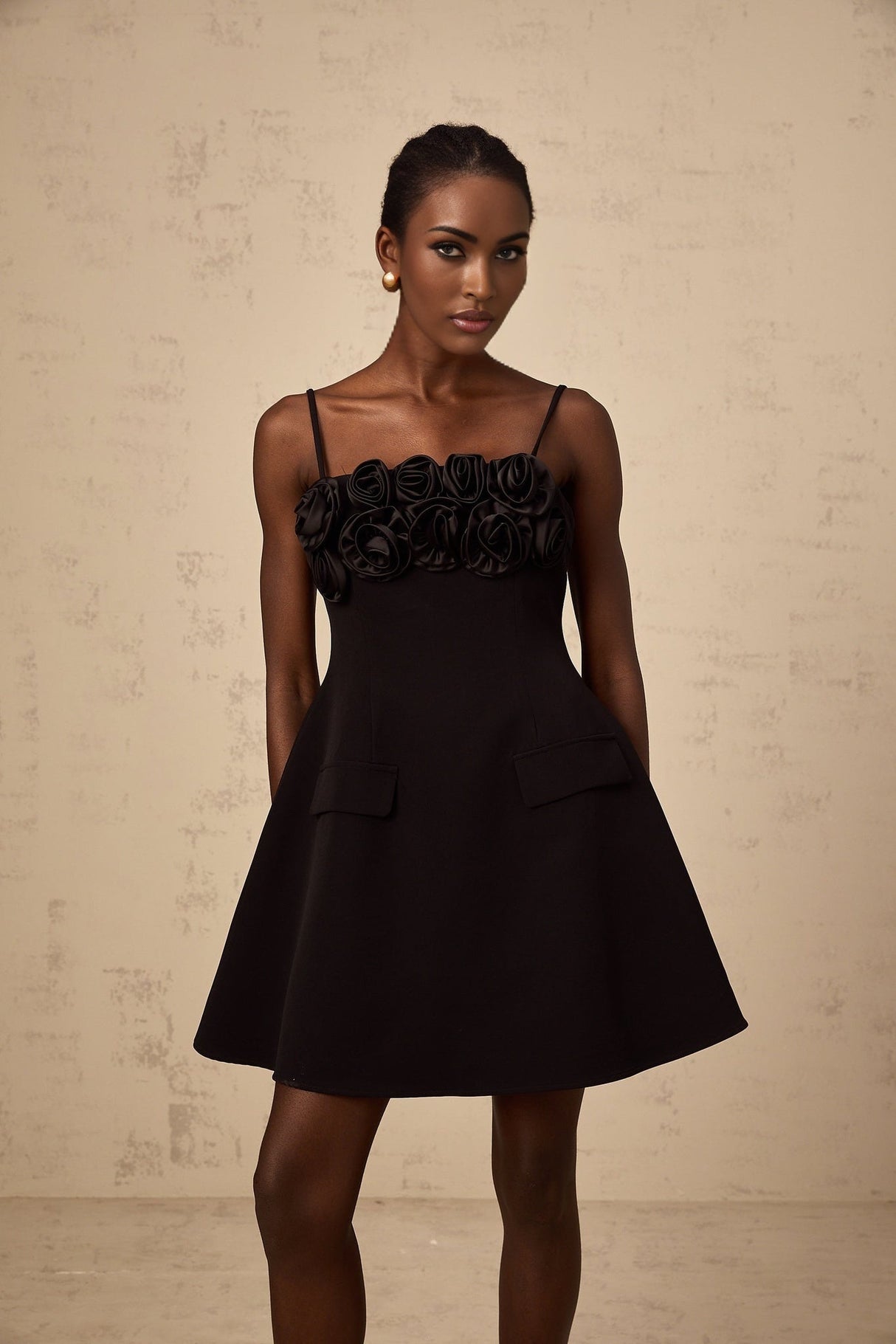 Alfreda Floral Appliqué Mini Dress - Spaghetti Straps - Cinched Waist - Flared Skirt - Rear Zip Fastening