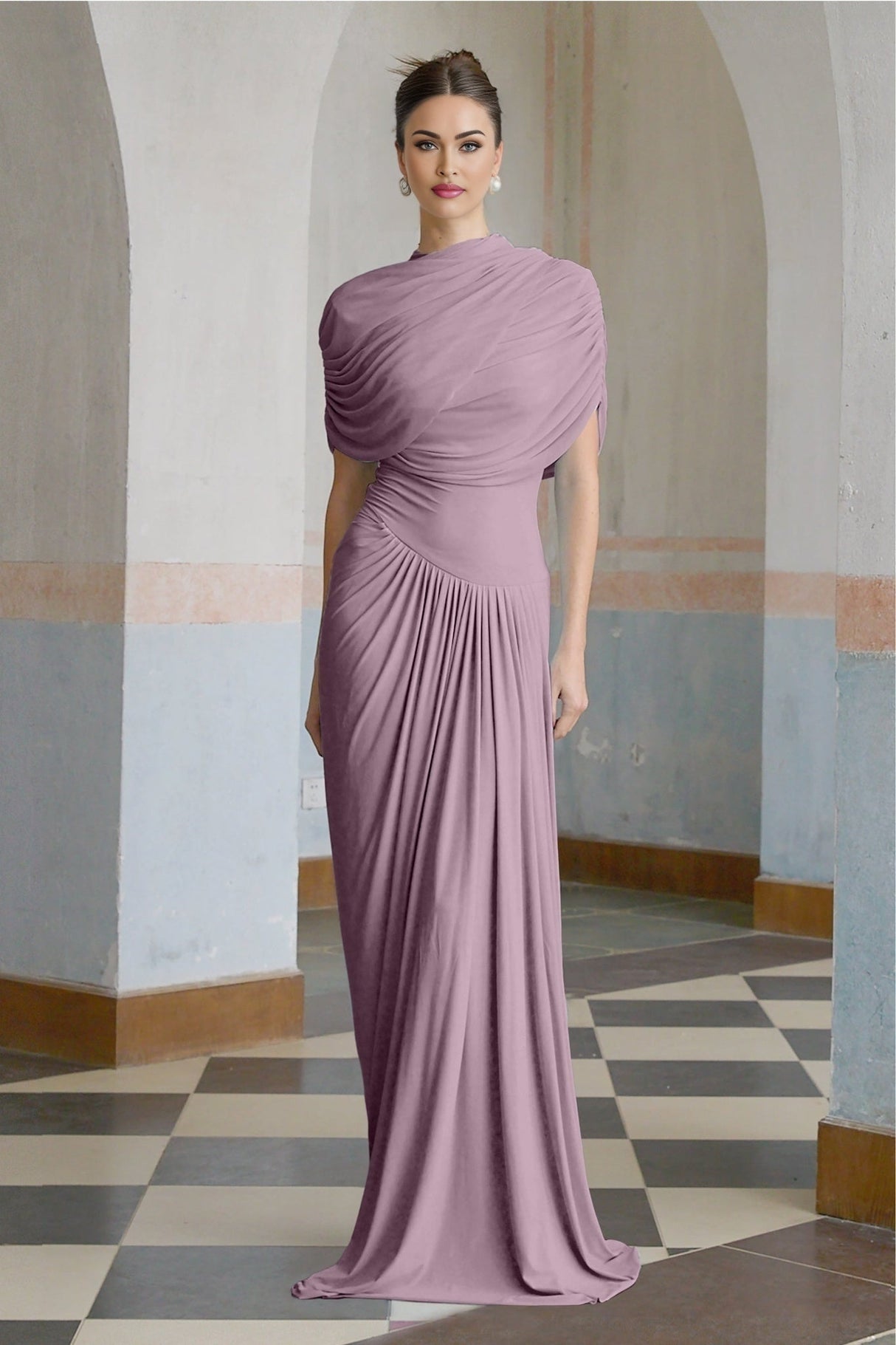 Alfreda Maxi Dress - Sleeveless Crew Neck - Pleated Asymmetric Shawl Design - Draped Detailing with Floor - Length Silhouette