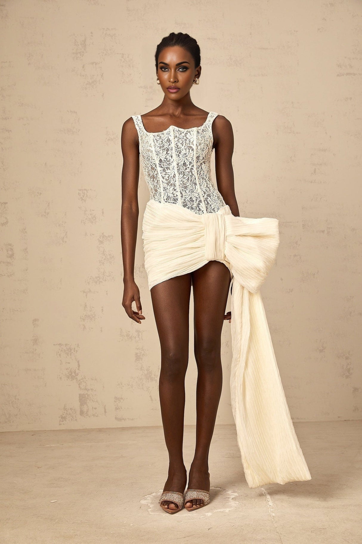 Alfreda Mini Dress – Sleeveless – Floral Lace Panelling – Oversize - Bow Embellishment