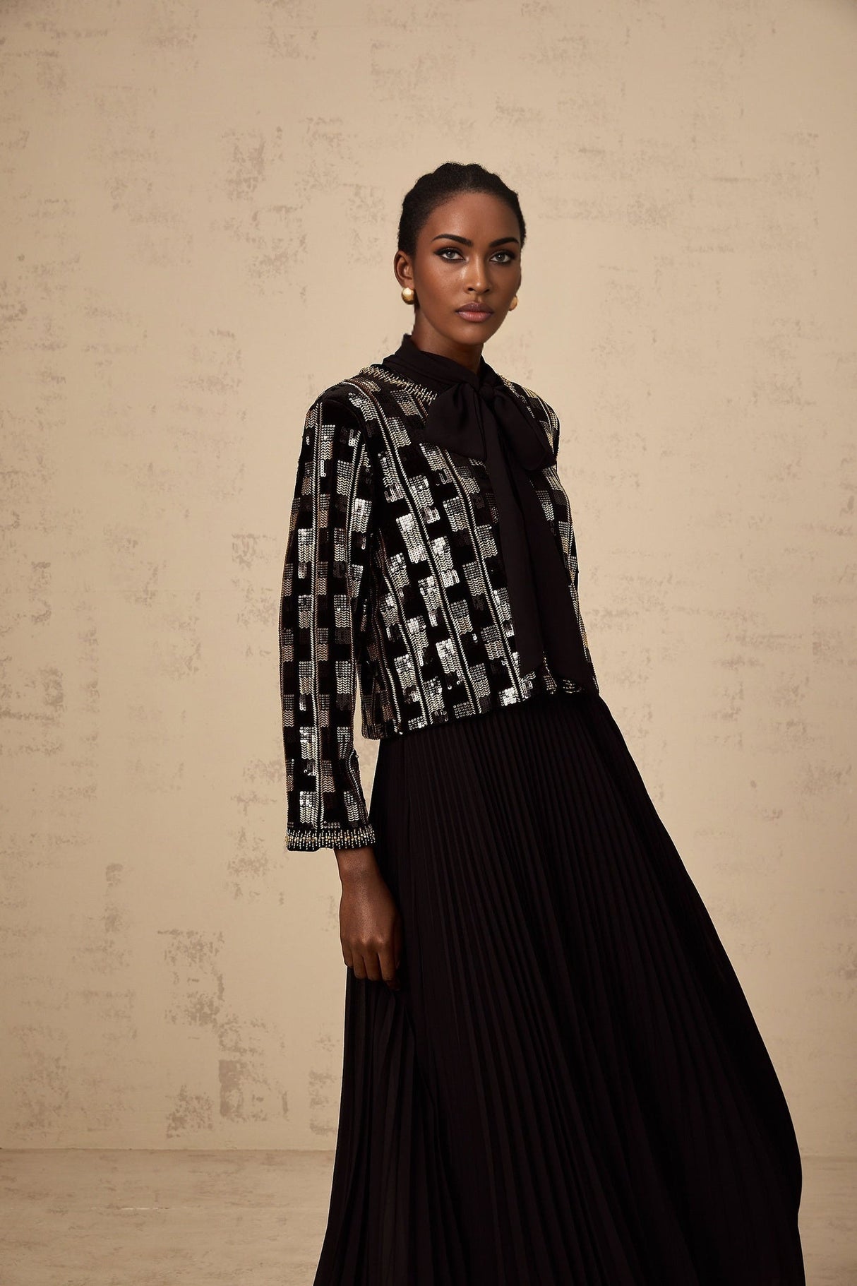 Alice Cardigan & Dress - Long Sleeve - Round Neck - Stud & Sequin Embellishment - Check Pattern