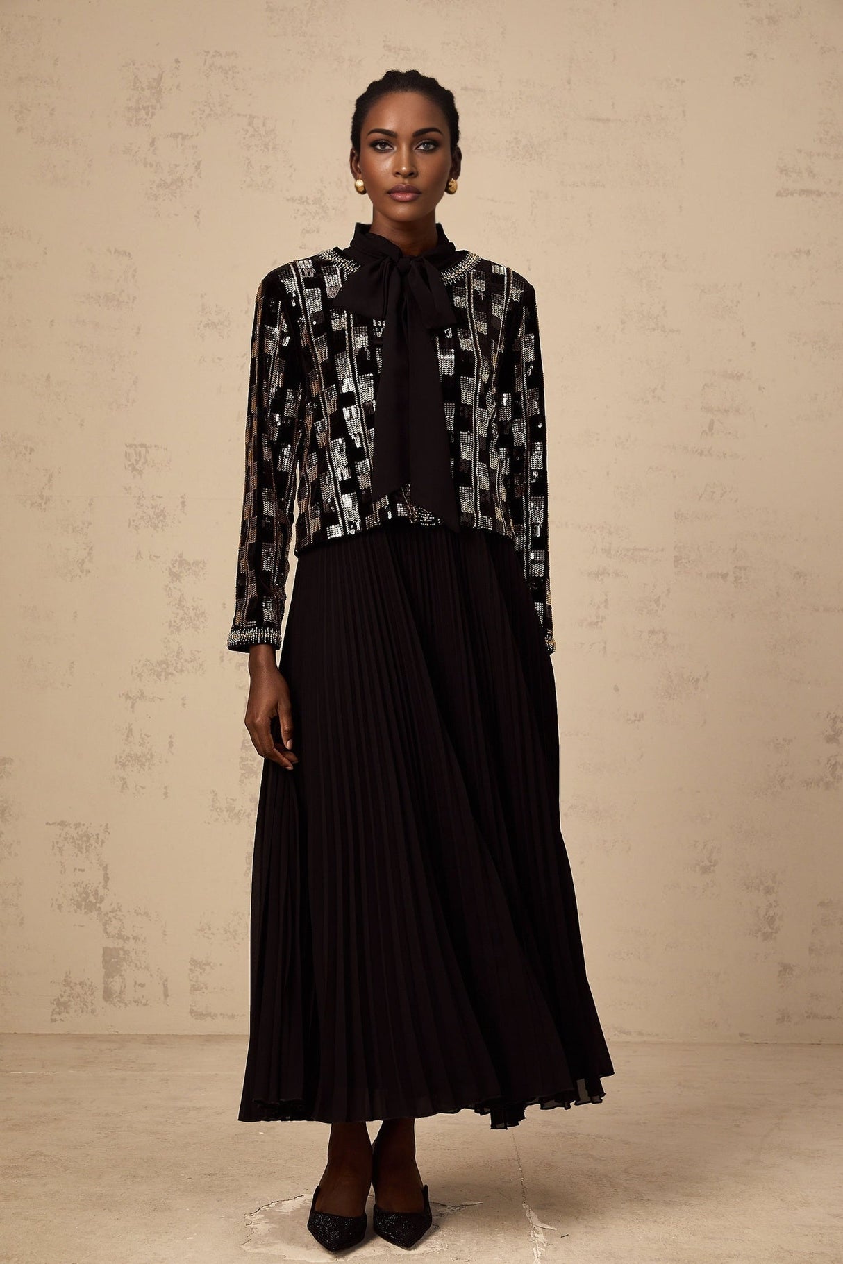 Alice Cardigan & Dress - Long Sleeve - Round Neck - Stud & Sequin Embellishment - Check Pattern