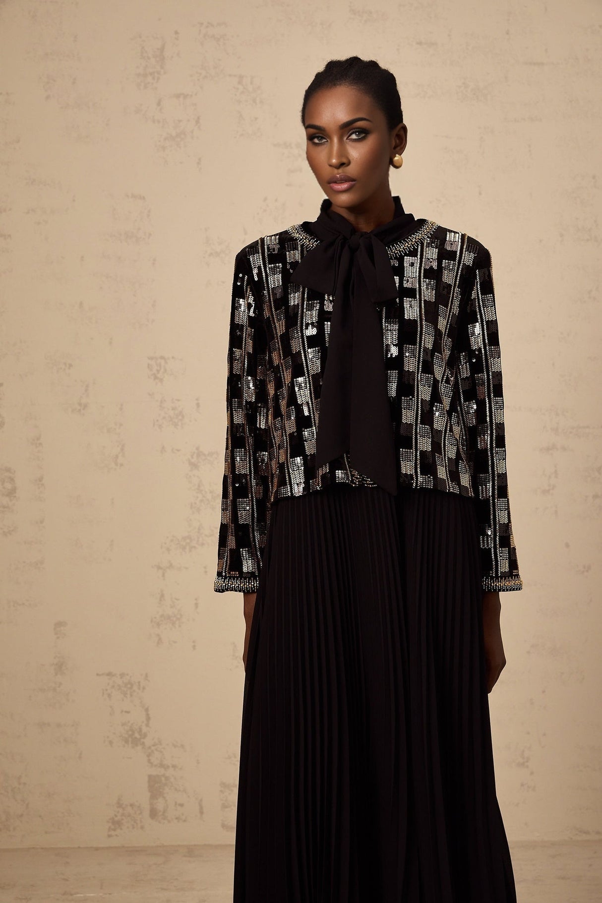 Alice Cardigan & Dress - Long Sleeve - Round Neck - Stud & Sequin Embellishment - Check Pattern