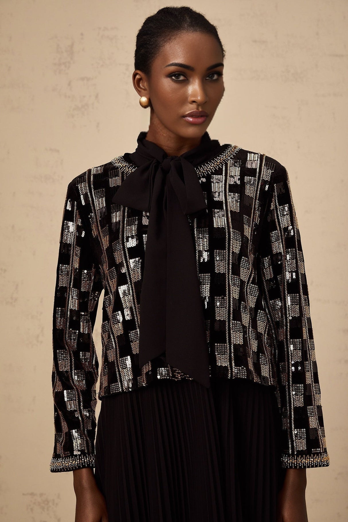 Alice Cardigan & Dress - Long Sleeve - Round Neck - Stud & Sequin Embellishment - Check Pattern