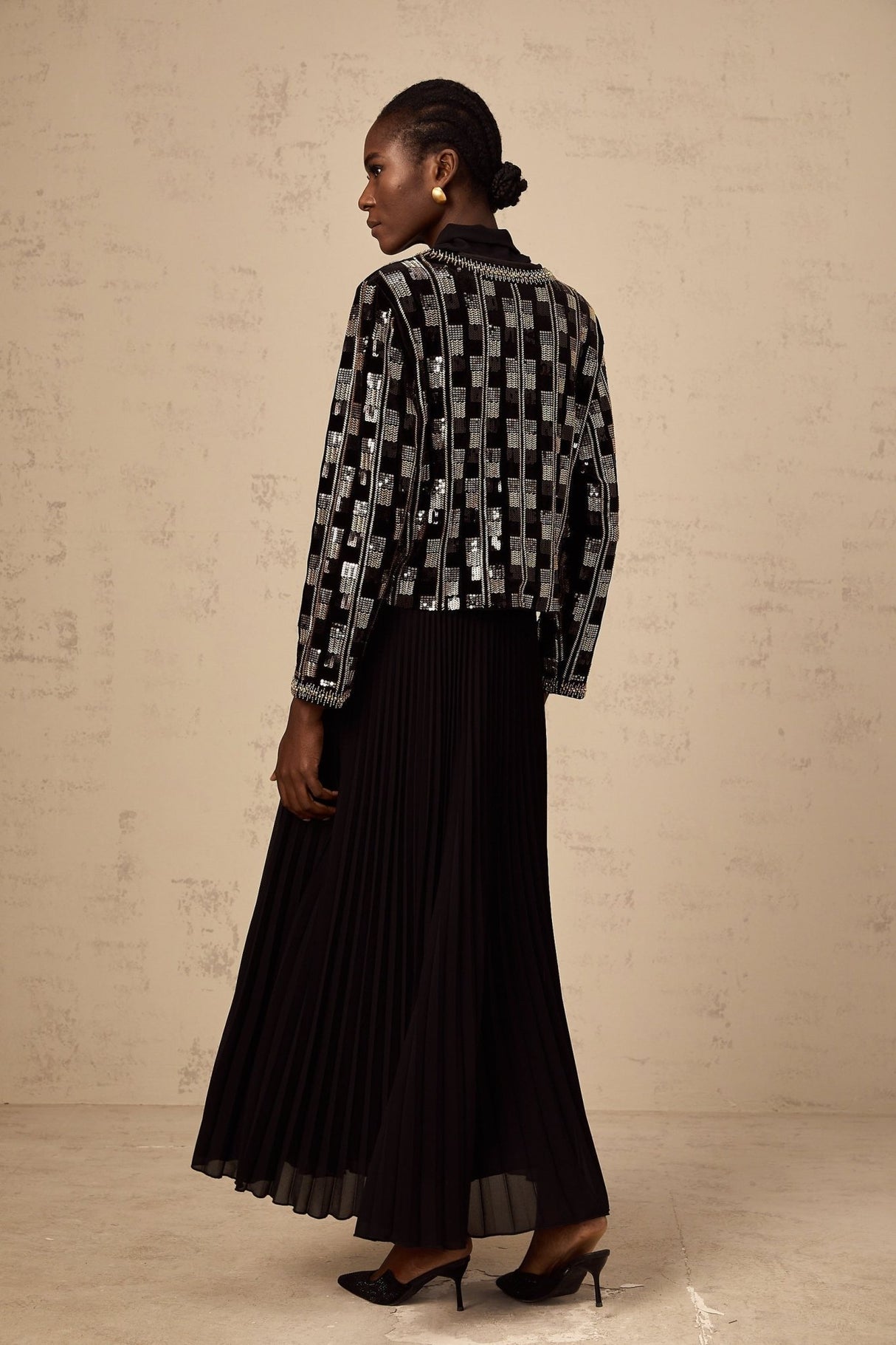 Alice Cardigan & Dress - Long Sleeve - Round Neck - Stud & Sequin Embellishment - Check Pattern