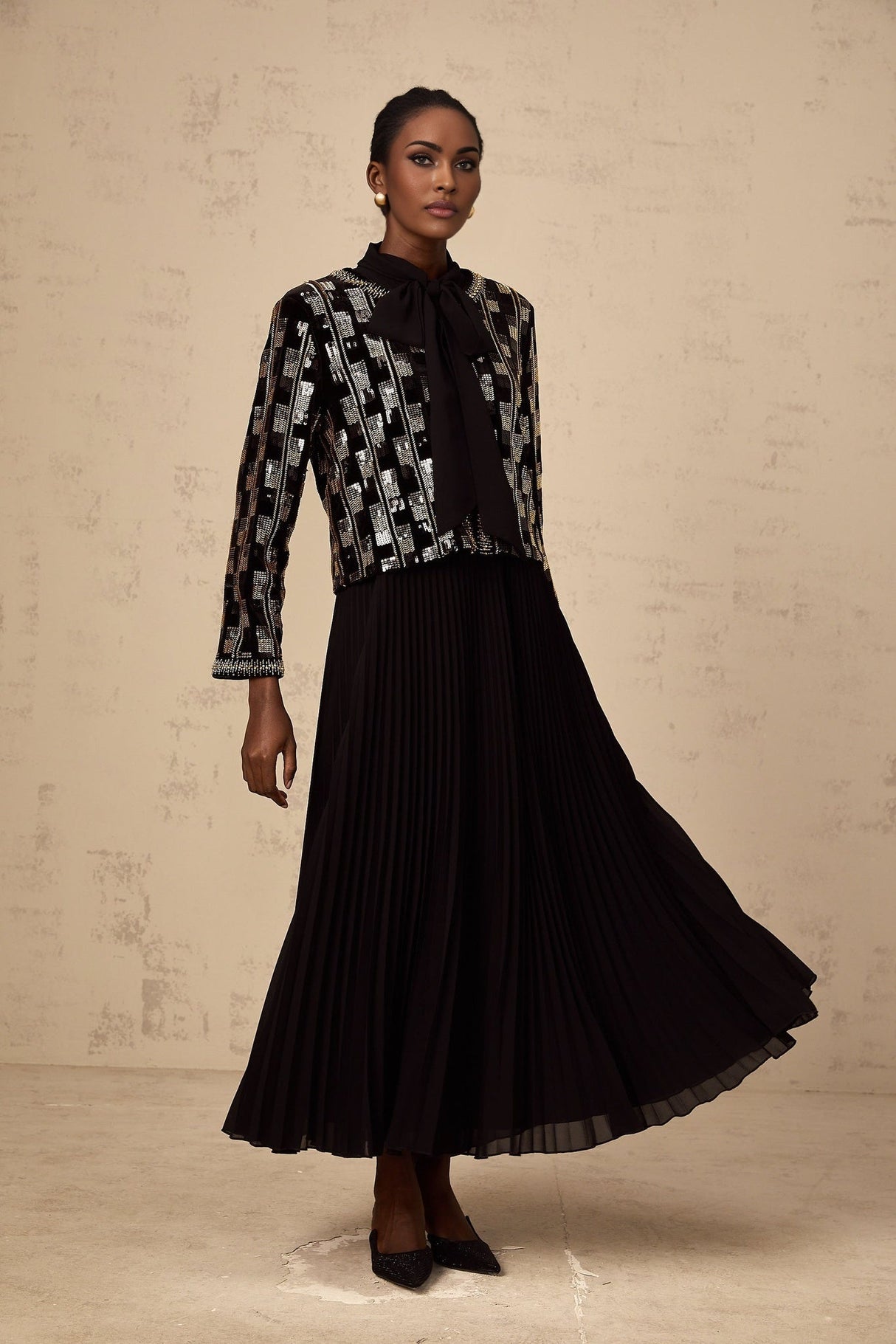 Alice Cardigan & Dress - Long Sleeve - Round Neck - Stud & Sequin Embellishment - Check Pattern