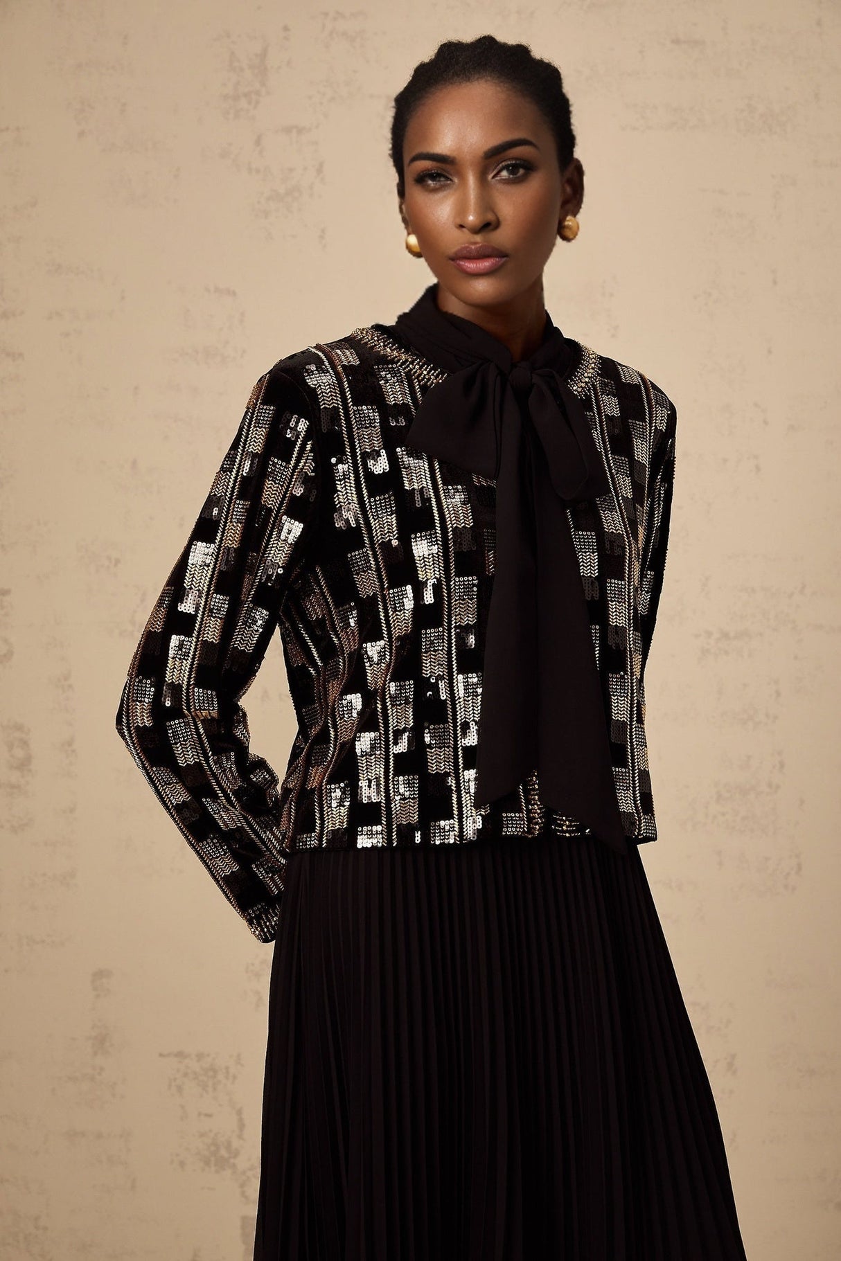 Alice Cardigan & Dress - Long Sleeve - Round Neck - Stud & Sequin Embellishment - Check Pattern