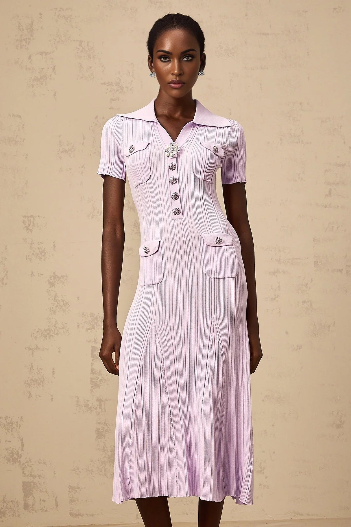 Alice Midi Dress Light Purple Crystal Embellishment Godet Flap Pockets