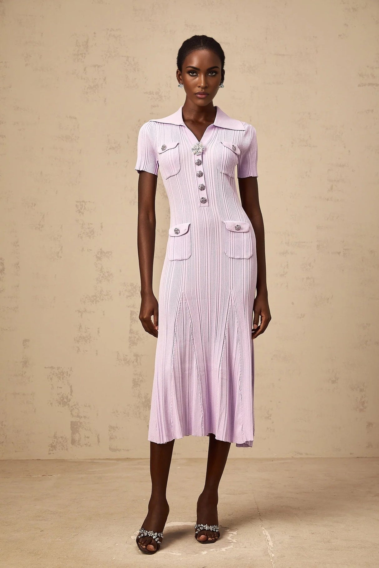 Alice Midi Dress Light Purple Crystal Embellishment Godet Flap Pockets