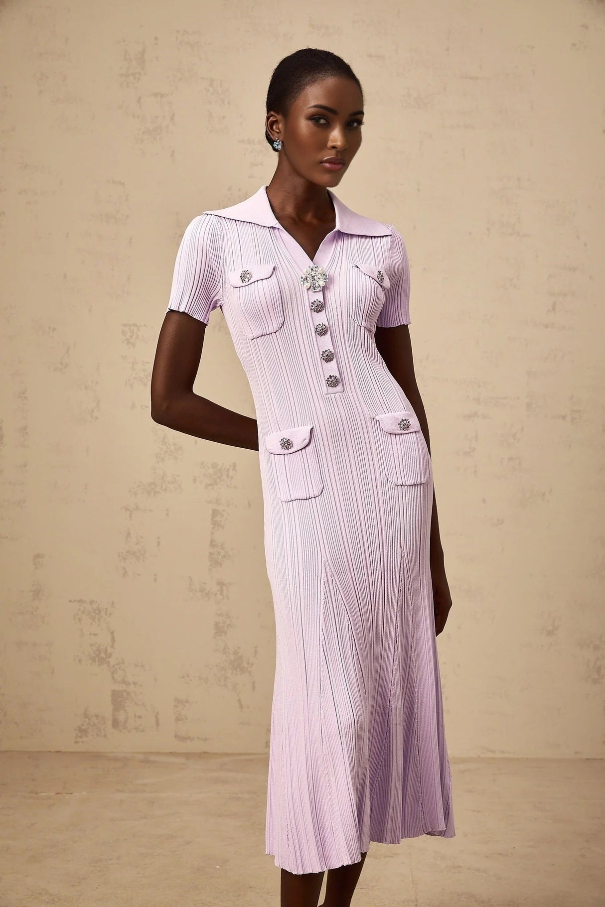 Alice Midi Dress Light Purple Crystal Embellishment Godet Flap Pockets