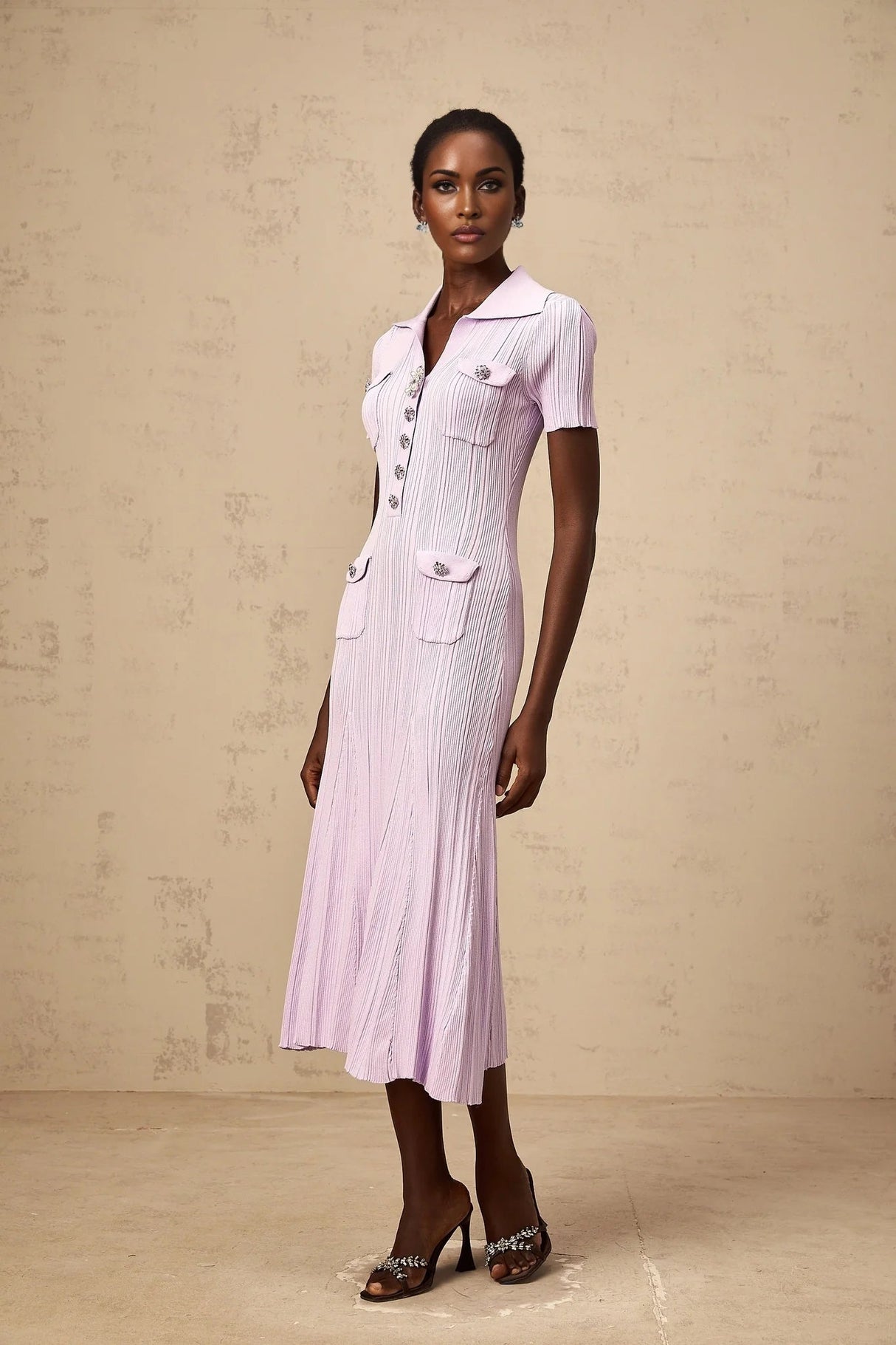 Alice Midi Dress Light Purple Crystal Embellishment Godet Flap Pockets