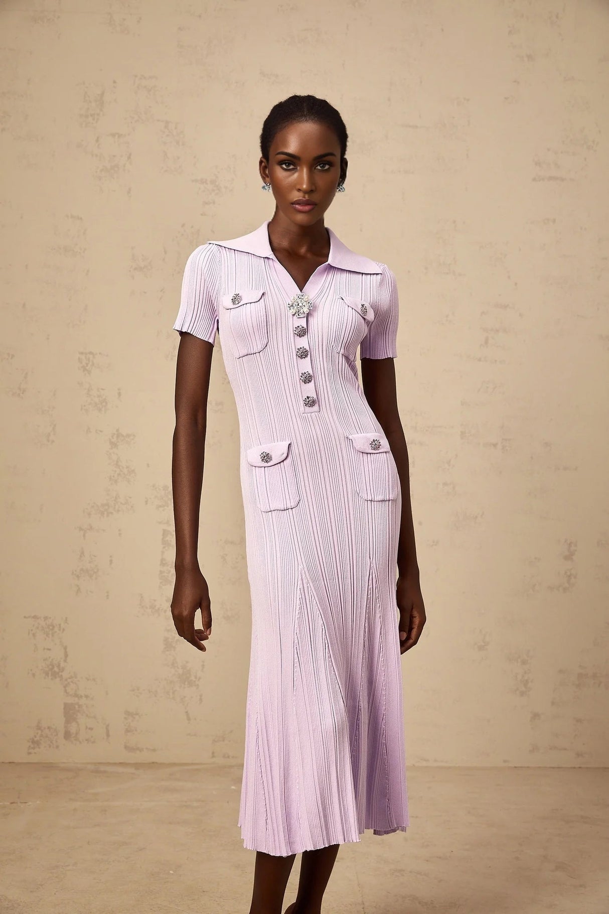 Alice Midi Dress Light Purple Crystal Embellishment Godet Flap Pockets