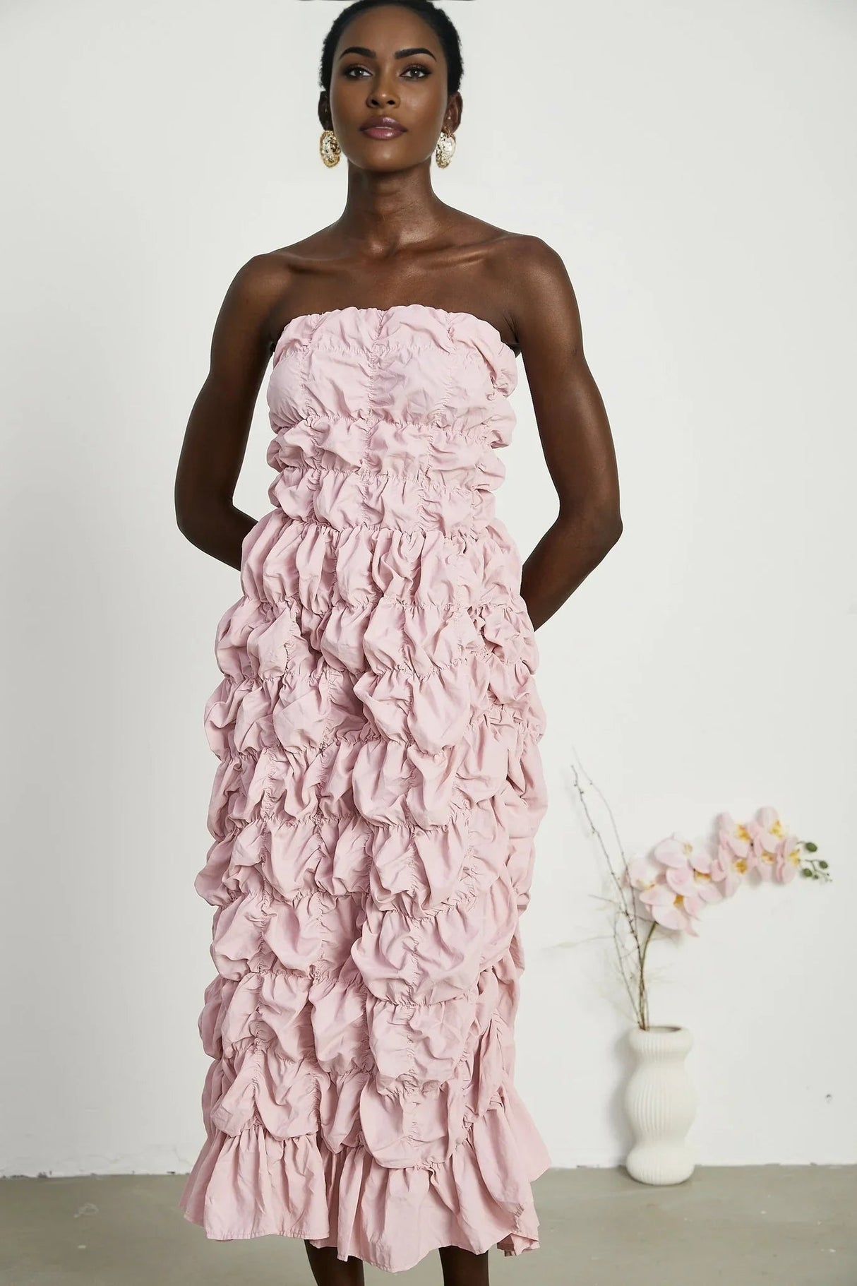 Alice Midi Dress - Off the Shoulder Style - Pleated Design - Flounce Hem - Puff Sleeves