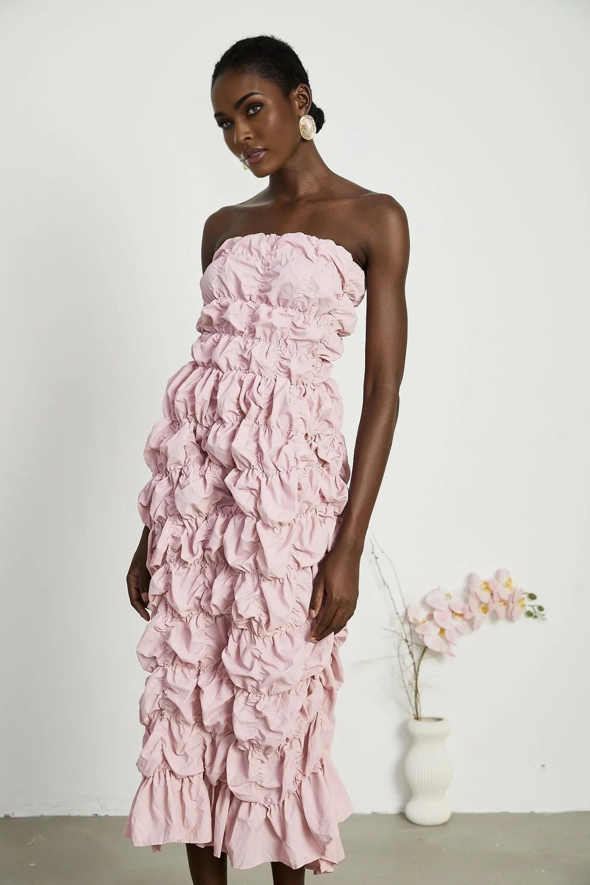 Alice Midi Dress - Off the Shoulder Style - Pleated Design - Flounce Hem - Puff Sleeves